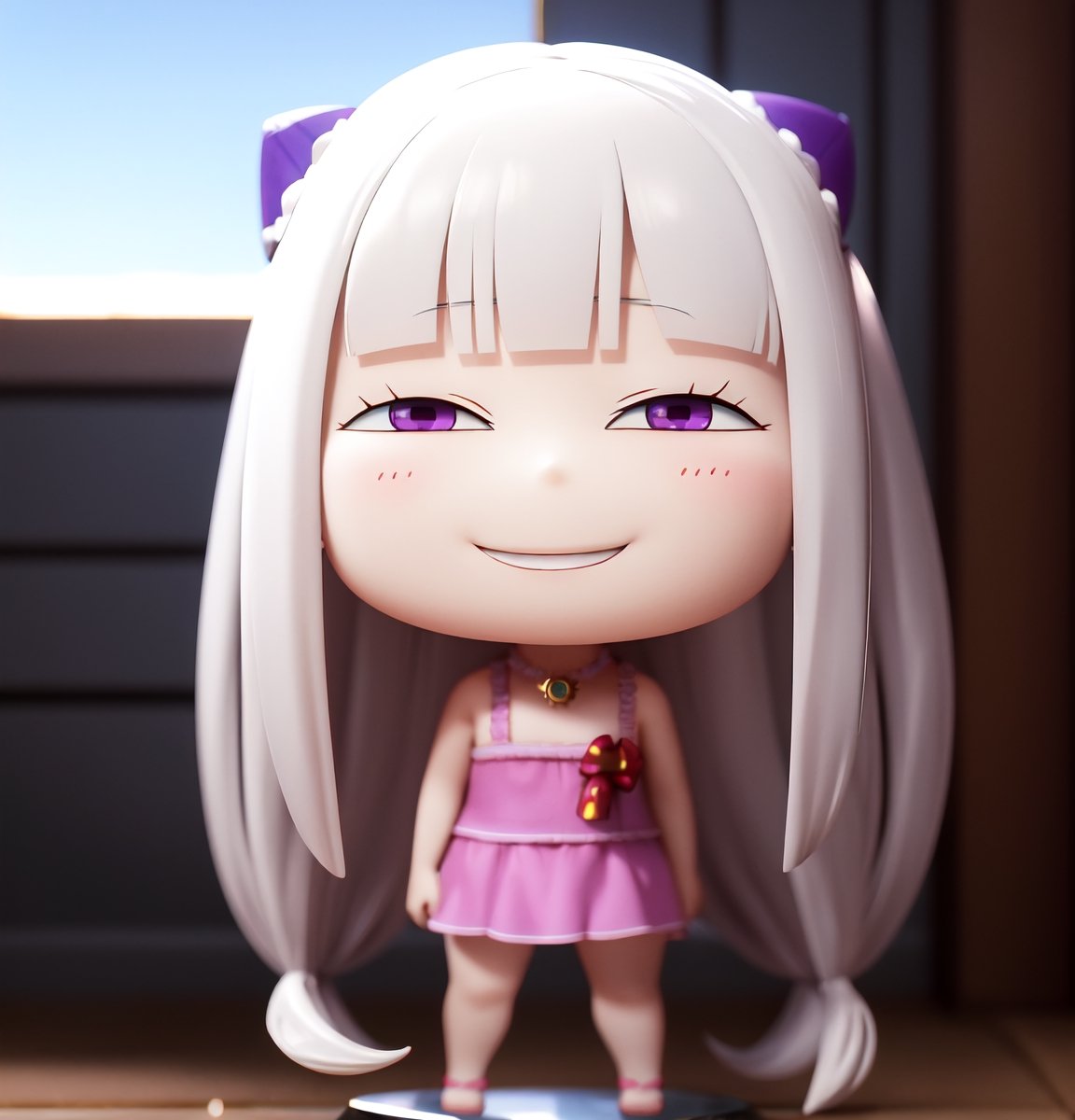 Masterpiece, highest quality, high resolution, PVC, rendering, chibi, high resolution, solo girl, emilia (re:zero), pointy ears, gray hair, white hair, very long hair, blunt bangs, purple eyes,, smile, Selfish Target, Chibi, Mediterranean Cityscape, Smile, Smile, Self-Justice, Full Body, Chibi, 3D Figure, Toy, Doll, Character Print, Front View, Natural Light, ((Real)) 1.2)), Dynamic Pose, Medium movement, perfect cinematic lighting, perfect composition, emilia (re:zero),