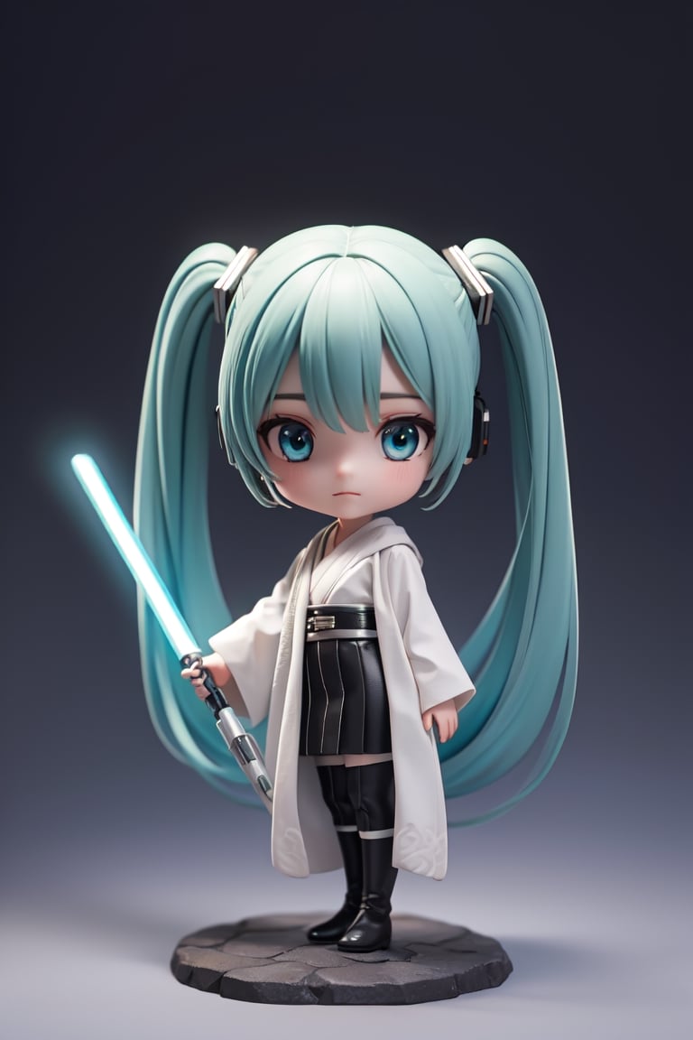 ((1 female)), Hatsune Miku, petite girl, whole body, chibi, 3D figure little girl, green hair, twin tails, beautiful girl with attention to detail, beautiful delicate eyes, detailed face, beautiful eyes, Jedi robe , holding a green lightsaber, dynamic beautiful pose, Star Wars world, natural light, ((real) ) quality: 1.2 )), dynamic long distance shots, cinematic lighting, perfect composition, super detail, Official Art, Masterpiece, (Best) Quality: 1.3), Reflections, High Resolution CG Unity 8K Wallpaper, Detailed Background, Masterpiece, (Photorealistic): 1.2), Random Angle, ((Jedi Outfit 1.4)), Side Angle , chibi, full body, mikdef., in Jedi costume