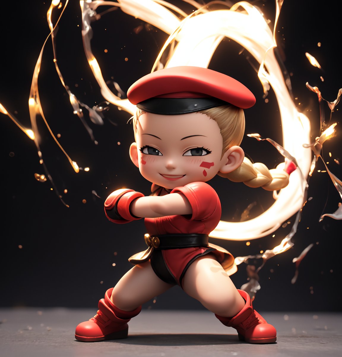 masterpiece, best quality, high resolution, PVC, render, chibi, high resolution, single woman, Street Fighter, cammy, Cammy White (character name), red beret, camouflage face paint, confident smile, legendary fighting, skills, martial arts expert,lightning ,(Black background:1.5),1girl,solo,fighting stance,, solo, fighting stance,  smiling, selfish target, chibi, persona 3 world, smiling, grinning, self-satisfied, full body, chibi, 3D figure, toy, doll, character print, front view, natural light, ((realistic)) 1.2)), dynamic pose, medium movement, perfect cinematic perfect lighting, perfect composition, chunlims,CAMMY