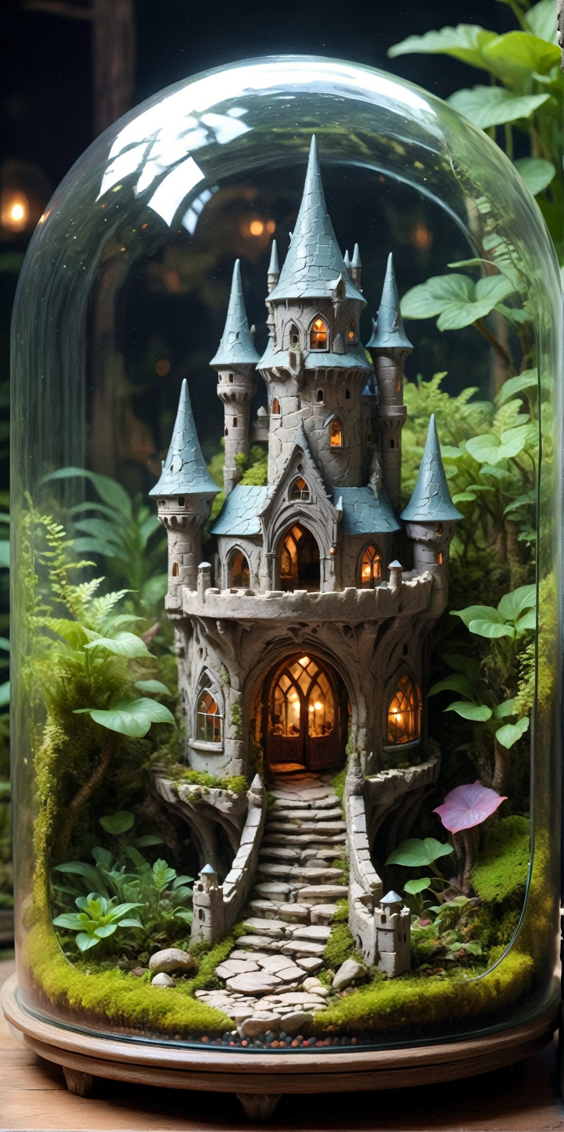 //quality, (masterpiece:1.4), (detailed), ((,best quality,)),//A mini elven castle inside a terrarium, on a table