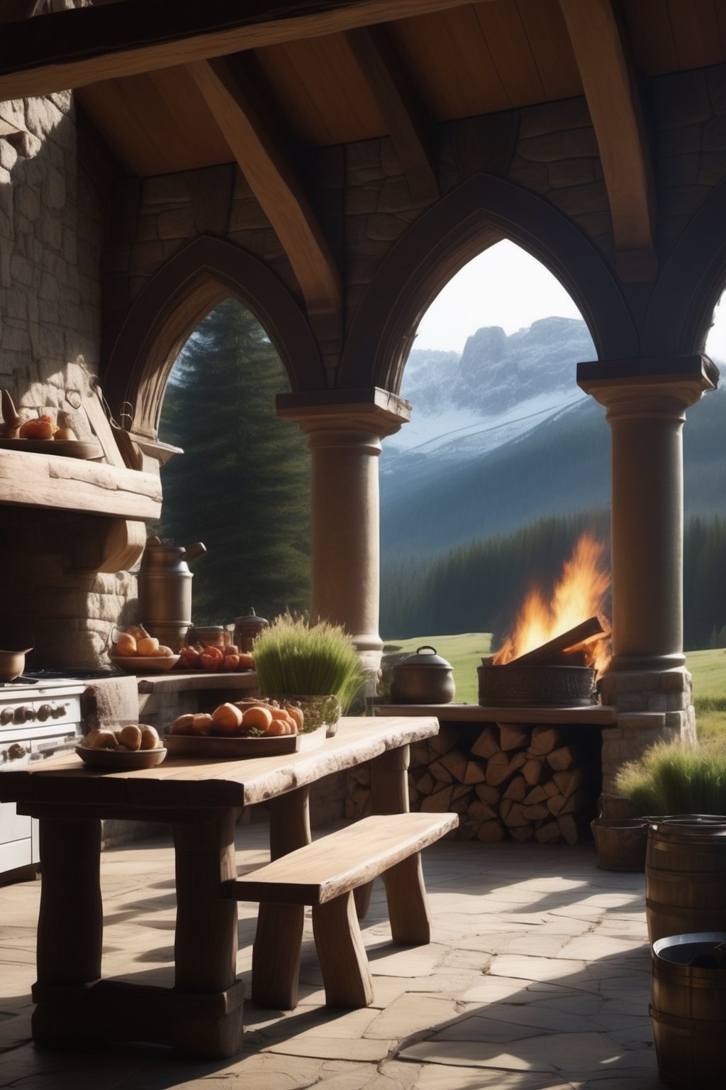 //quality, (masterpiece:1.4), (detailed), ((,best quality,)),//a beautiful outdoor kitchen, food ingredients, vegetables, wooden pillars, fire in the hearth, medieval fantasy vibe, wild flowers, tall grass,wooden table, firewood, fire pit, heavy snowfall, sequia forest, built on a cliff, smoking chimney,snow mountains in the distance, beautiful valley, 3 point perspective, snow covered