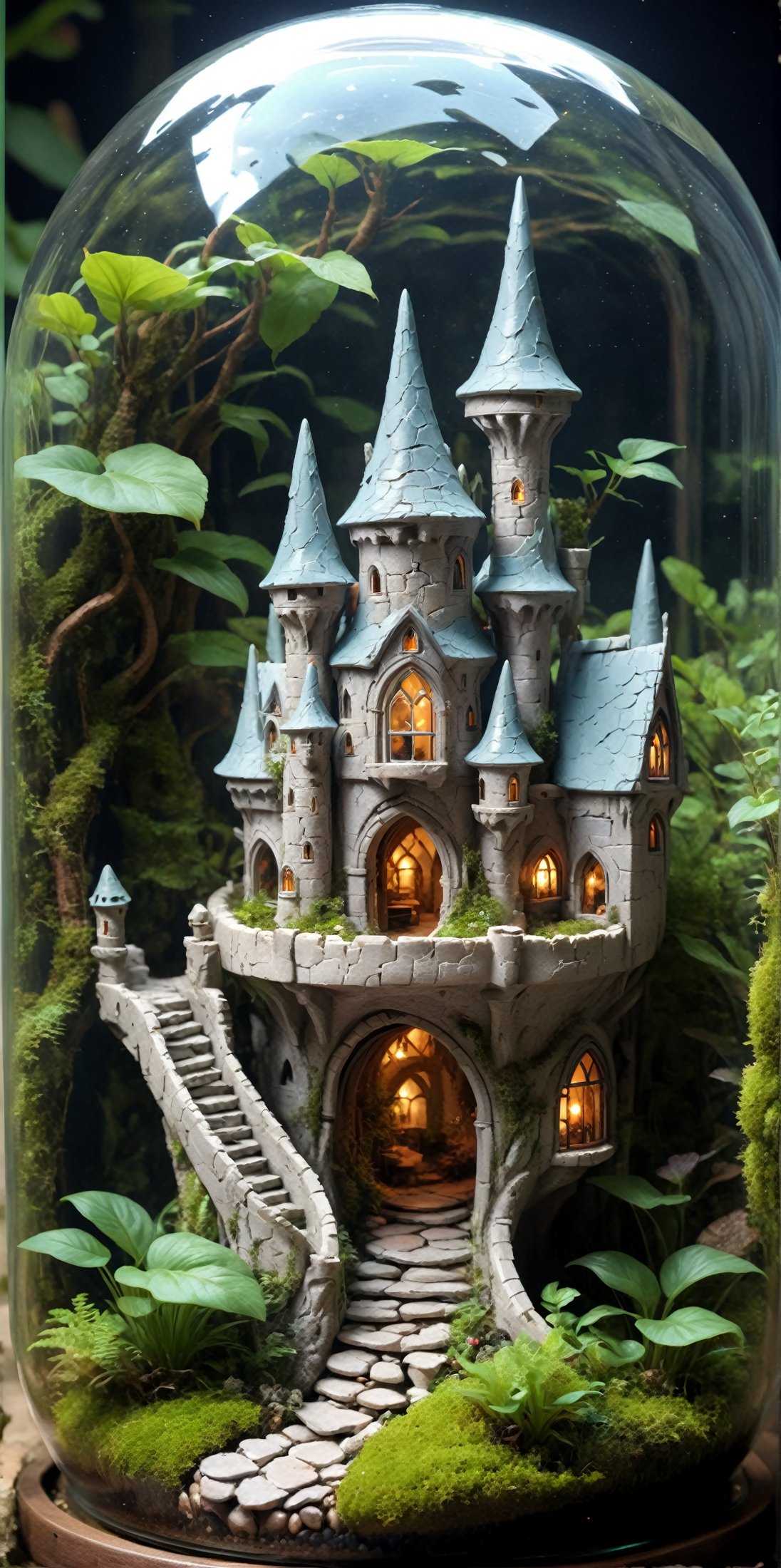 //quality, (masterpiece:1.4), (detailed), ((,best quality,)),//A mini elven castle inside a terrarium, 