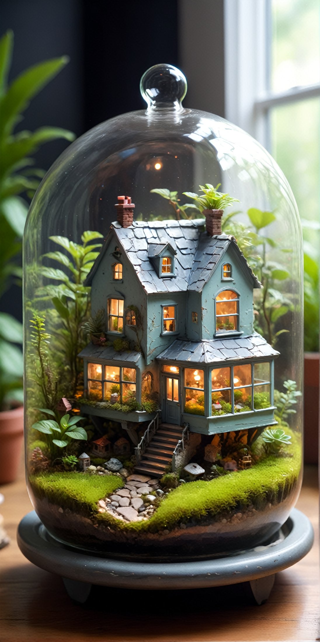 //quality, (masterpiece:1.4), (detailed), ((,best quality,)),//A mini with house inside a terrarium, on a table