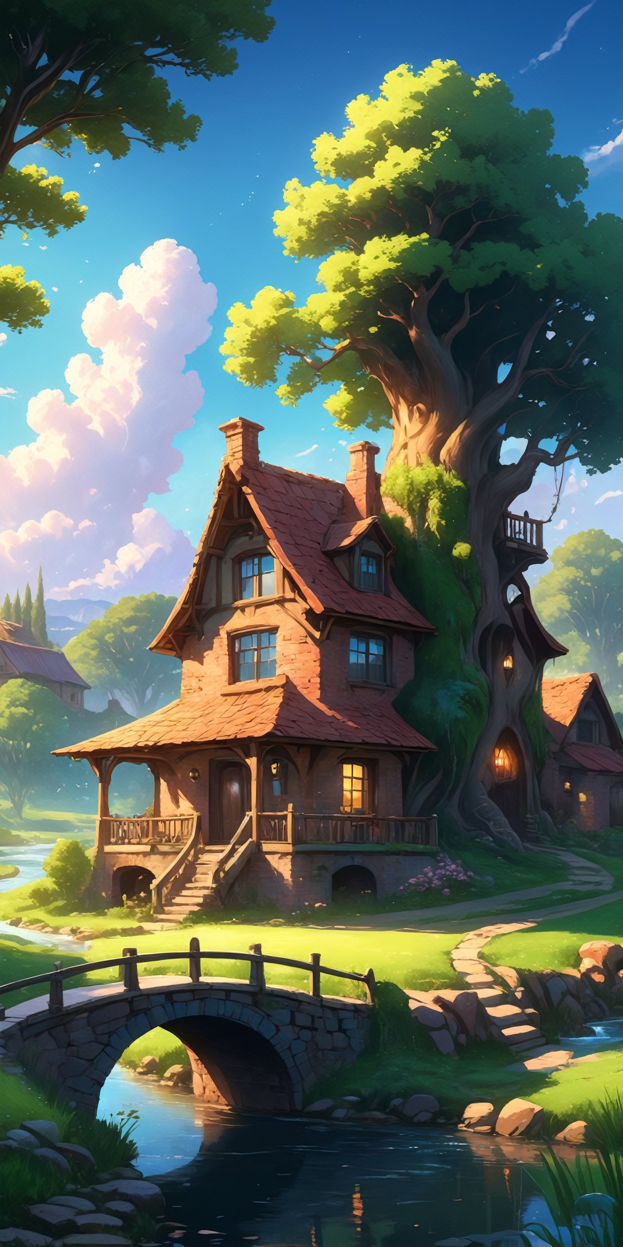 //quality, (masterpiece:1.4), (detailed), ((,best quality,)),//Anime style illustration of a ranch style house in a fantasy landscape, river,chimney, brick house, porch, magic tree, meadow