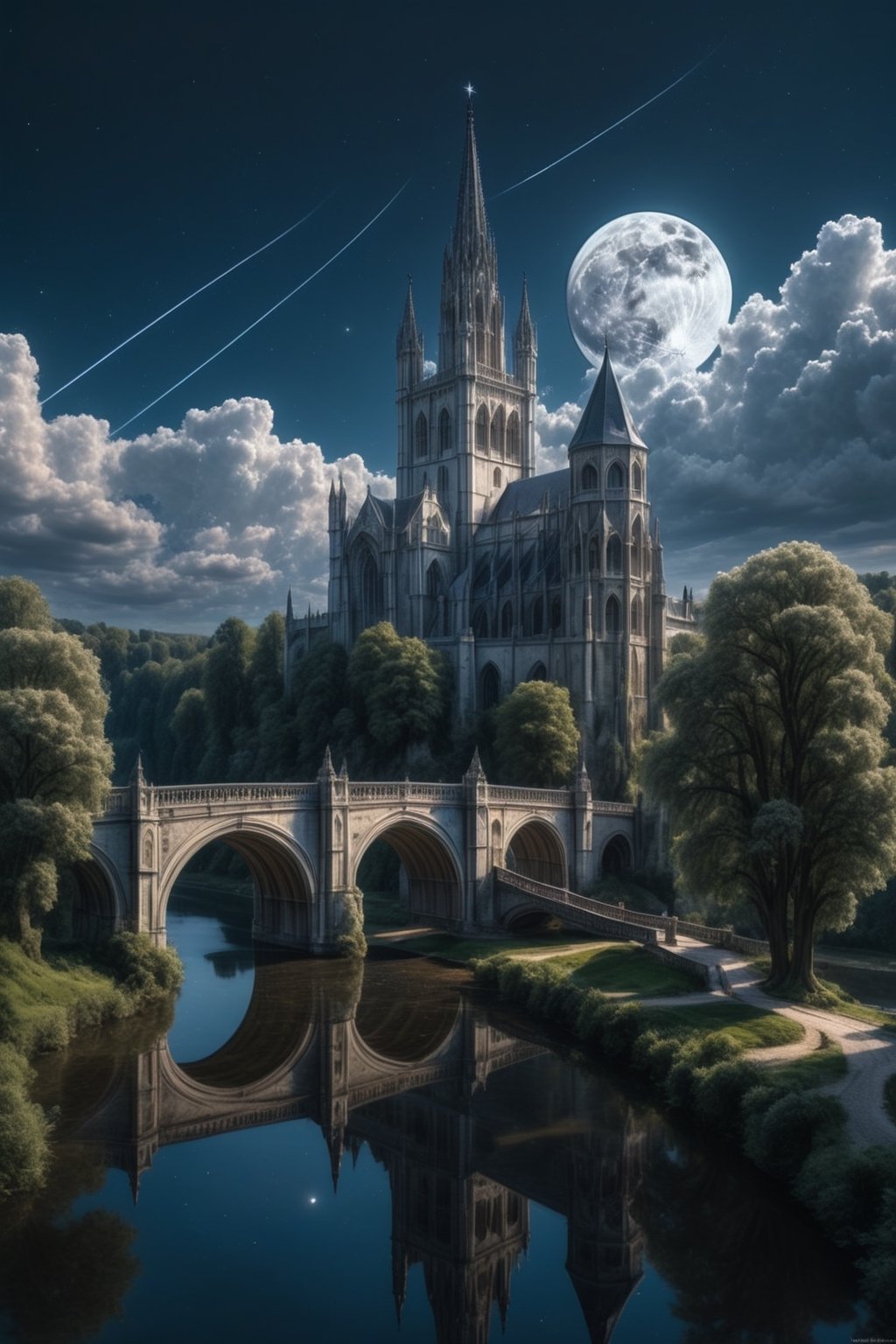 //quality, (masterpiece:1.4), (detailed), ((,best quality,)),//outdoors, sky, day, cloud, water, tree, no humans, scenery, bridge, river, gothic castle, cathedral, tower, landscape, lake, night, full moon, shooting stars, white trees,aerial view 