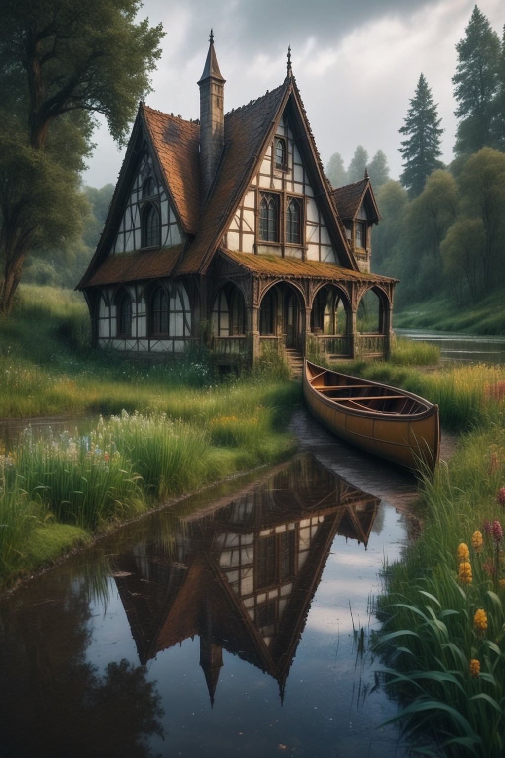 //quality, (masterpiece:1.4), (detailed), ((,best quality,)),//a cozy rusted Gothic house, medieval fantasy vibe, wild flowers, tall grass, pathway, canoe, river, overcast weather, tress, snowing, , sequia forest, mud, puddle reflection, (snowfall outside), built over a cliff