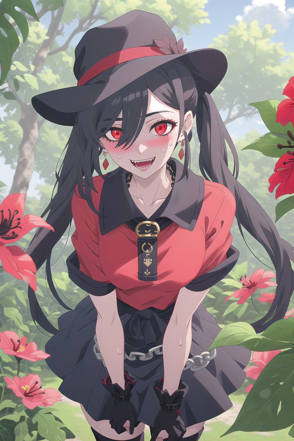 nier anime style illustration, best quality, masterpiece High resolution, good detail, bright colors, HDR, 4K. Dolby vision high. 

Girl with long straight black hair, long twin pigtails (hair covering one eye), red eyes, blushing, red earrings 

Short sleeve polo shirt (black color mixed with red color)

Gothic style black checkered skirt with chains   

black socks 

Ankle boots (black color mixed with red color)

inside a park 

She is under a leafy tree in the shade. 

Sunbeams between the trees 

clear blue sky 

Flirty smile (yandere smile). Happy, excited. Open mouth 

Showing fangs, exposed fangs  

Selfie 

Very sweaty

black Fedora hat with a red flower on the buckle