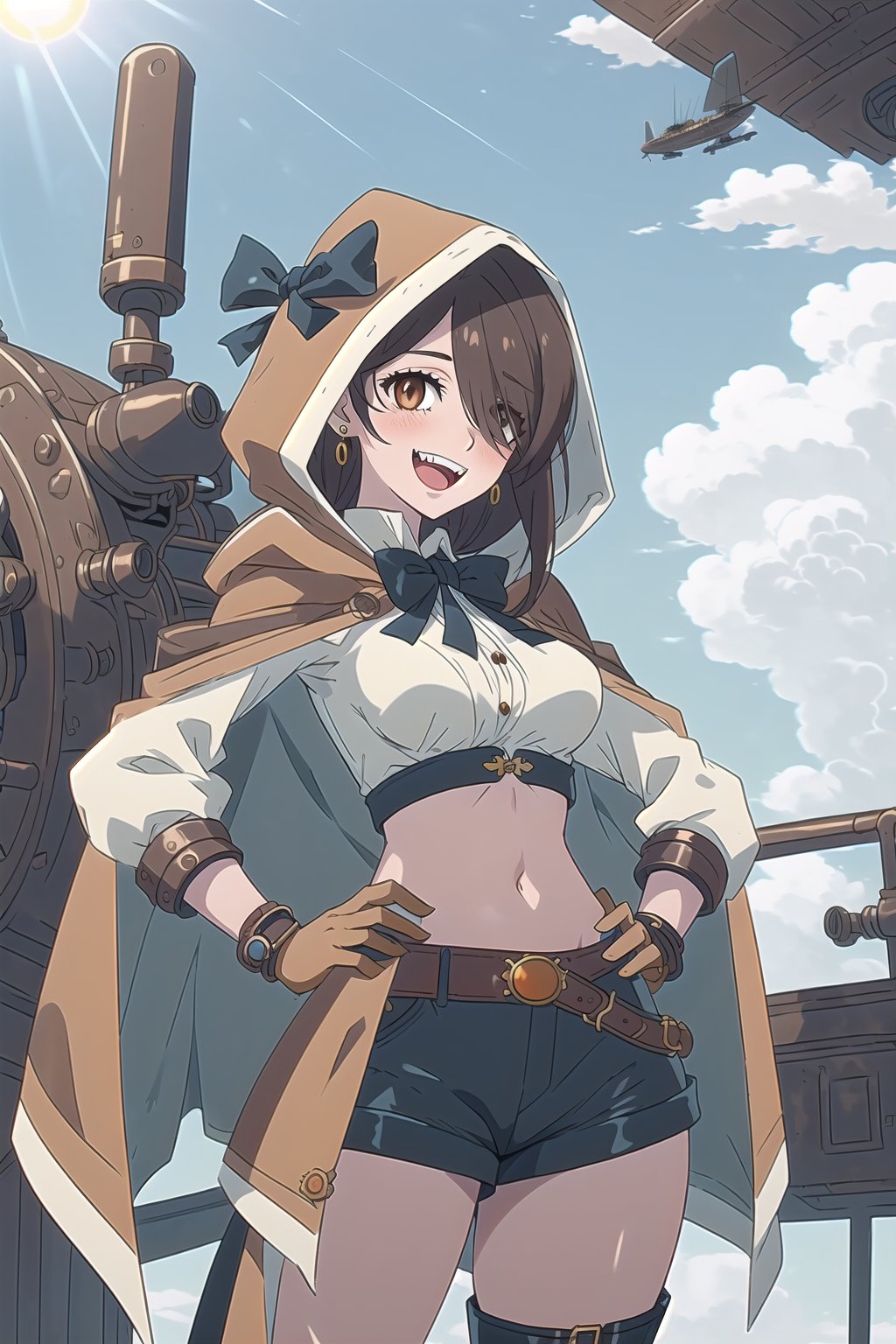 nier anime style illustration, best quality, masterpiece High resolution, good detail, bright colors, HDR, 4K. Dolby vision high, perfect eyes

Girl with long, straight dark brown hair (hair on shoulders) (hair covering one eye), brown eyes, blushing, orange earrings 

Elegant white steampunk style crop top 

Showing navel, exposed navel

black bow 

small breasts  

Steampunk dark brown shorts  

British style steampunk black boots  

Dark brown cape

dog hood 

Hooded 


Selfie

Flirty smile (yandere smile). Happy, excited. Open mouth 

Showing fangs, exposed fangs 

Inside an airship that is in the sky 

blue sky with clouds 

Intense sun rays on the window

(Hand on hip)

