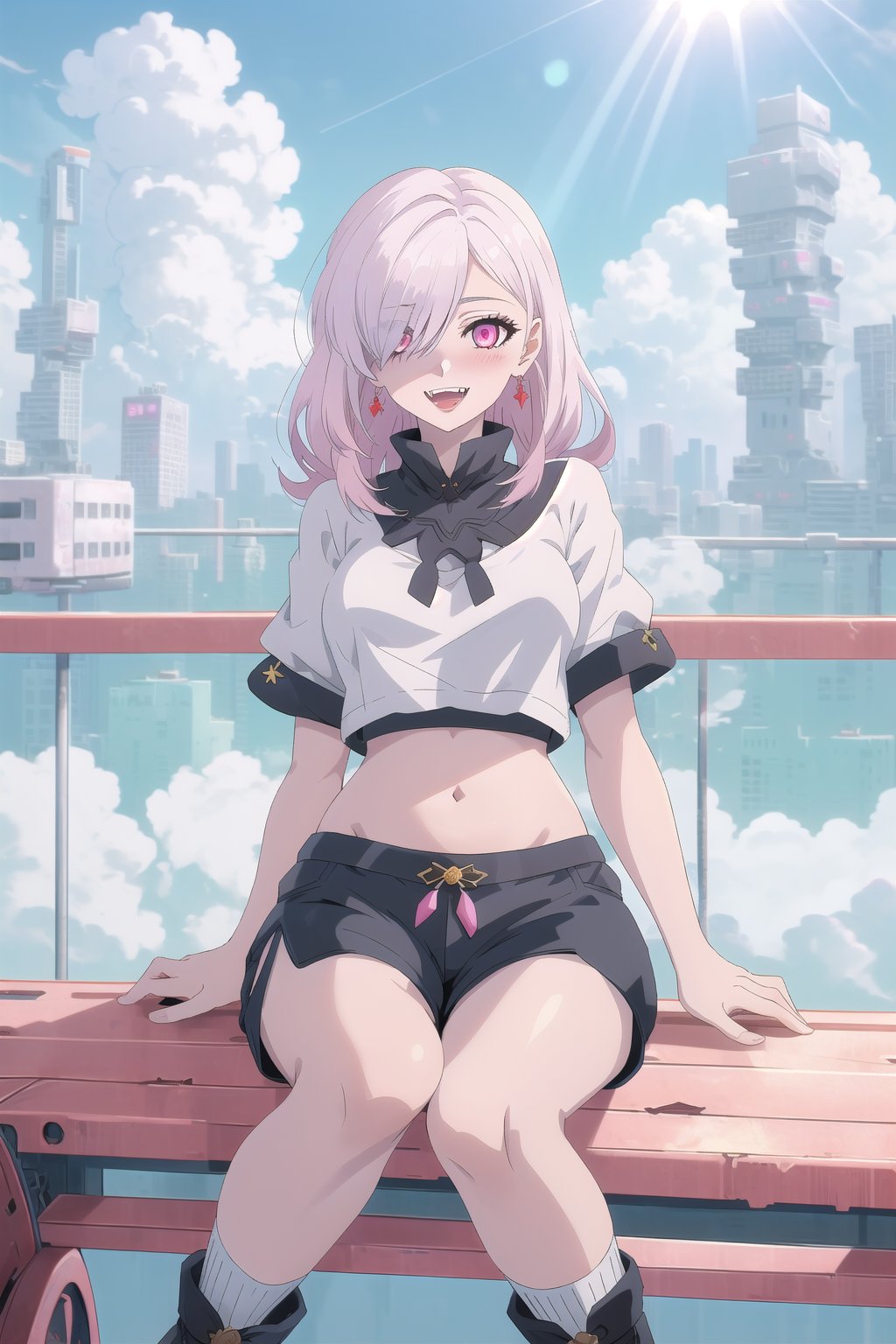 nier anime style illustration, best quality, masterpiece High resolution, good detail, bright colors, HDR, 4K. Dolby vision high. 

Albino girl with long straight hair, pink eyes (hair covering one eye), blushing, pink earrings  

Cyberpunk style elegant white crop top 

Showing navel, exposed navel 

White cyberpunk style shorts

White socks

Elegant white cyberpunk ankle boots 

clear blue sky 

Inside an island that floated in the sky above the clouds 

fantasy style island with a beautiful kingdom 

Intense sun rays    

Flirty smile (yandere smile). Happy, excited. Open mouth 

Showing fangs, exposed fangs 

Selfie 

Sitting on a bridge