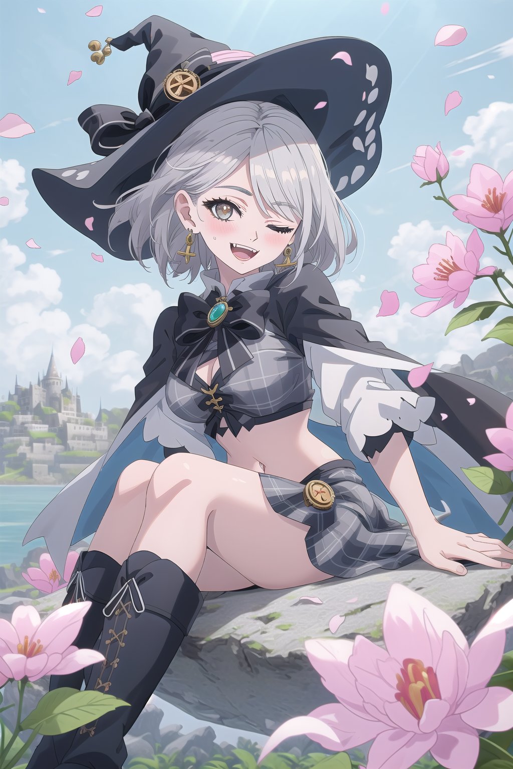 nier anime style illustration, best quality, masterpiece High resolution, good detail, bright colors, HDR, 4K. Dolby vision high.

Witch with short straight silver hair, white eyes (one eye closed), silver earrings, blushing 

Elegant steampunk gray crop top 

black bow 

Showing navel, exposed navel 

Gray plaid school skirt 

black stockings

Elegant steampunk white boots

a white cape 

On a floating island in the blue sky 

Sitting on the island

Many flowers

Very windy with petals flying

(A hand on one's own face) 

Coquettish smile (proud smile). Happy, excited. Open mouth 

Showing fangs, exposed fangs 

Selfie

White witch hat
