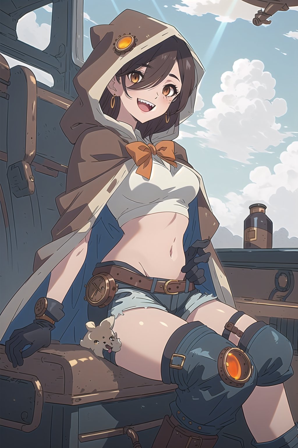 nier anime style illustration, best quality, masterpiece High resolution, good detail, bright colors, HDR, 4K. Dolby vision high, perfect eyes

Girl with long, straight dark brown hair (hair on shoulders) (hair covering one eye), brown eyes, blushing, orange earrings 

Elegant white steampunk style crop top 

Showing navel, exposed navel

black bow 

small breasts  

Steampunk dark brown shorts  

British style steampunk black boots  

Dark brown cape

dog hood 

Hooded 
dog hood

Selfie


Flirty smile (yandere smile). Happy, excited. Open mouth 

Showing fangs, exposed fangs 

Inside an airship that is in the sky 

blue sky with clouds 

Intense sun rays on the window

Sitting

Dark brown steampunk gloves