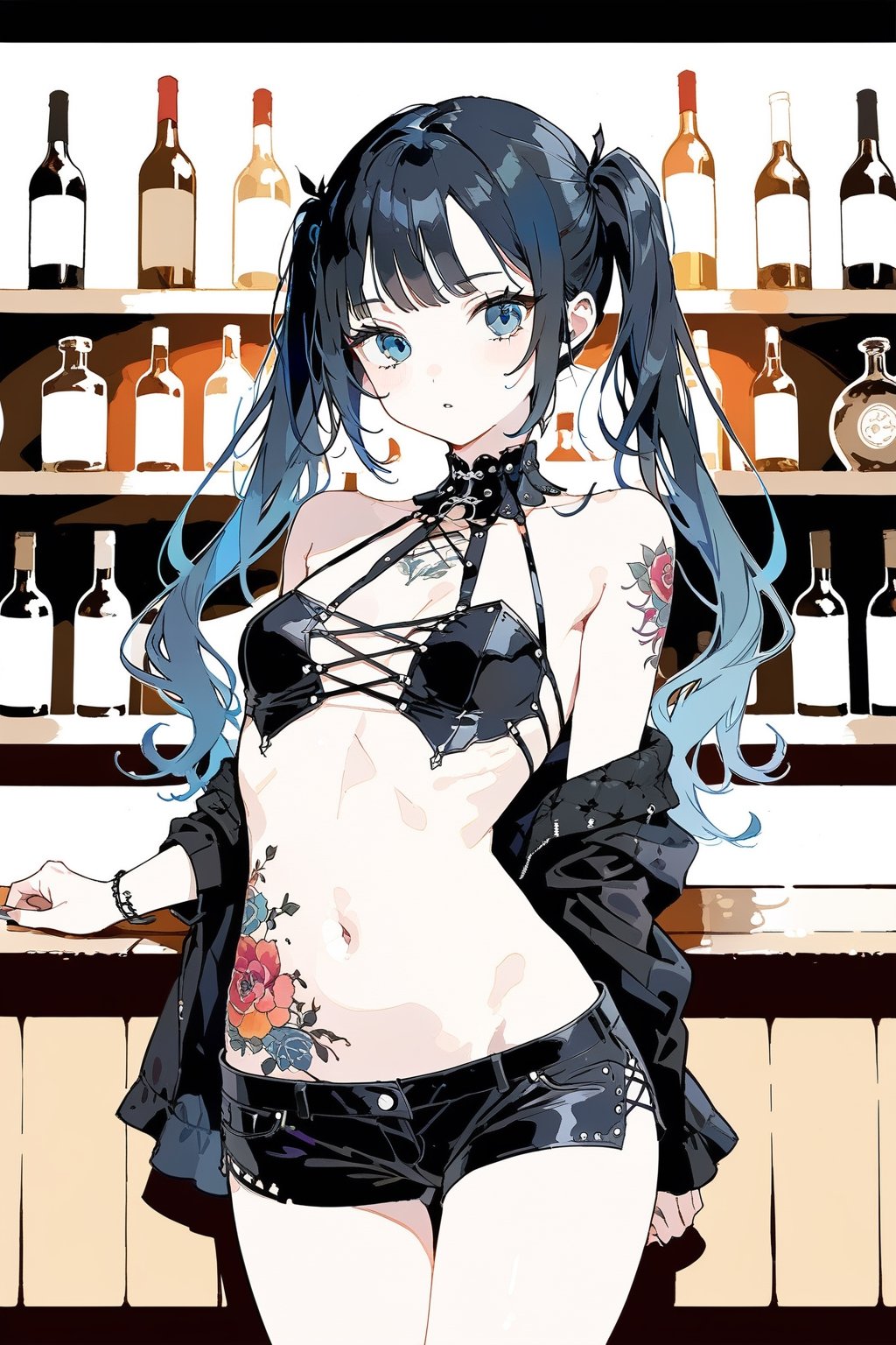 
Girl with long black hair, blue eyes, twin pigtails, with small tattoos, black shoulderless gothic style blouse, showing her navel, medium breasts, black shorts, in a bar Colorful and detailed image, masterpiece, best quality, aesthetic,


