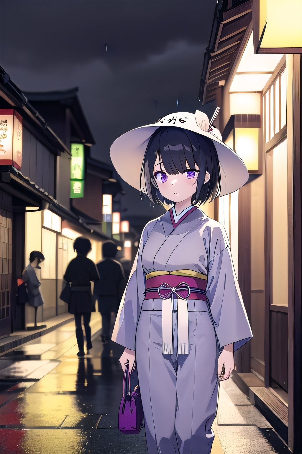 colorful image

18-year-old Japanese girl, short black hair, fringes that cover her eyes, purple eyes, wearing a gray fabric shirt and gray fabric pants. The clothing is traditional in style. On the streets of old Japan, at night, cloudy, rainy and stormy, a traditional Japanese kasa hat, a serious girl