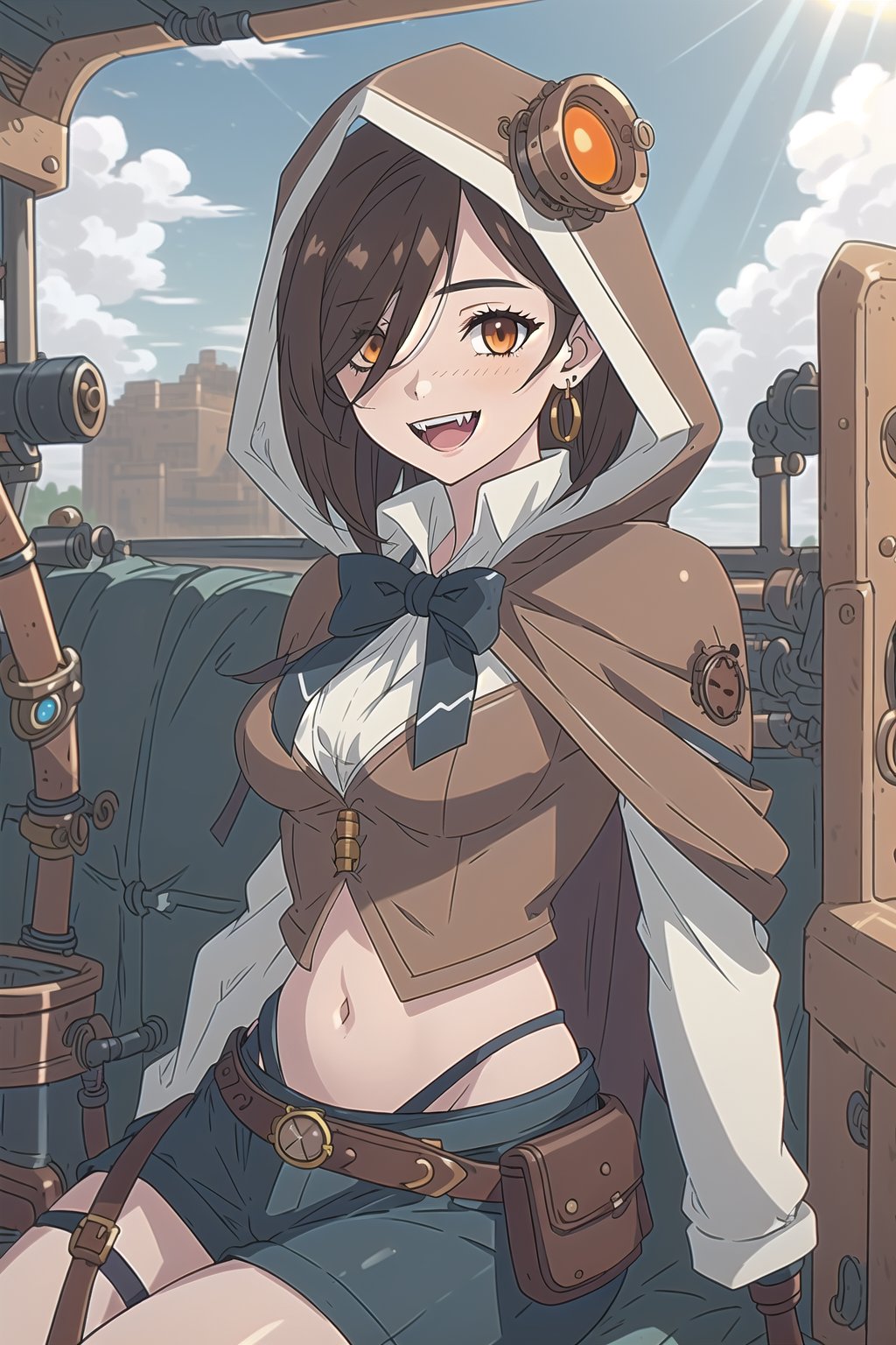 nier anime style illustration, best quality, masterpiece High resolution, good detail, bright colors, HDR, 4K. Dolby vision high, perfect eyes

Girl with long, straight dark brown hair (hair on shoulders) (hair covering one eye), brown eyes, blushing, orange earrings 

Elegant white steampunk style crop top 

Showing navel, exposed navel

black bow 

small breasts  

Steampunk dark brown shorts  

British style steampunk black boots  

Dark brown cape

dog hood 

Hooded 
dog hood

Selfie


Flirty smile (yandere smile). Happy, excited. Open mouth 

Showing fangs, exposed fangs 

Inside an airship that is in the sky 

blue sky with clouds 

Intense sun rays on the window

Sitting

Dark brown steampunk gloves
Steampunk aviator glasses
