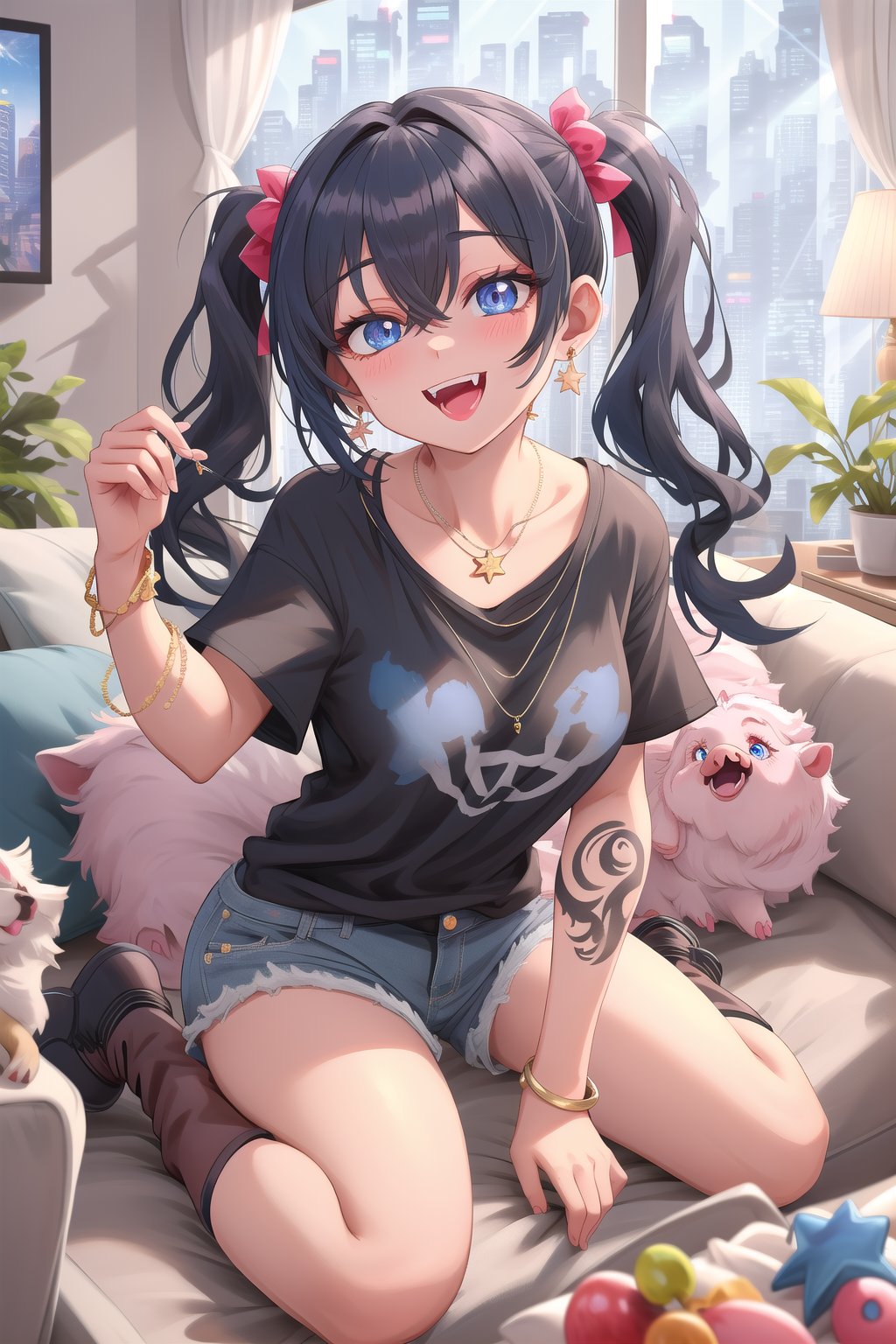  best quality, masterpiece High resolution, good detail, bright colors, HDR, 4K. Dolby vision high, perfect eyes

Girl with long straight black hair, long twin pigtails, navy blue eyes (hair covering one eye), blushing, blue earrings, navy blue bracelet on her wrist, tattoos all over her body, necklace with a sapphire 

A black short sleeve t-shirt with a blue star on the t-shirt 

Navy blue denim shorts 

Sheer black stockings



Inside a futuristic cyberpunk style house 
Black British style boots


Sunrise

Intense sun rays coming through the window 

Elegant navy blue sofa 

Sitting 
Selfie 

Flirty smile (yandere smile). Happy, excited. open mouth 

Showing fangs, exposed fangs