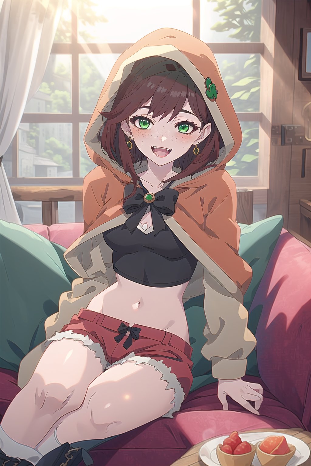 nier anime style illustration, best quality, masterpiece High resolution, good detail, bright colors, HDR, 4K. Dolby vision high. 

Little Red Riding Hood (short straight brown hair, green eyes, freckles, blushing, green earrings)

Red steampunk style crop top 

Showing breasts, exposed breasts 

Showing navel, exposed navel 

small breasts 

Black booties 

Black bow on the chest 

Flirty smile (yandere smile). Happy, excited. Open mouth

Showing long fangs, long exposed fangs 

Inside an old fairy tale style log cabin 
 
Red sofa by the window

Sitting 

Selfie  

Hooded 

Red hood 

Red hood 
Red shorts 

Sunrise 

Intense sun rays