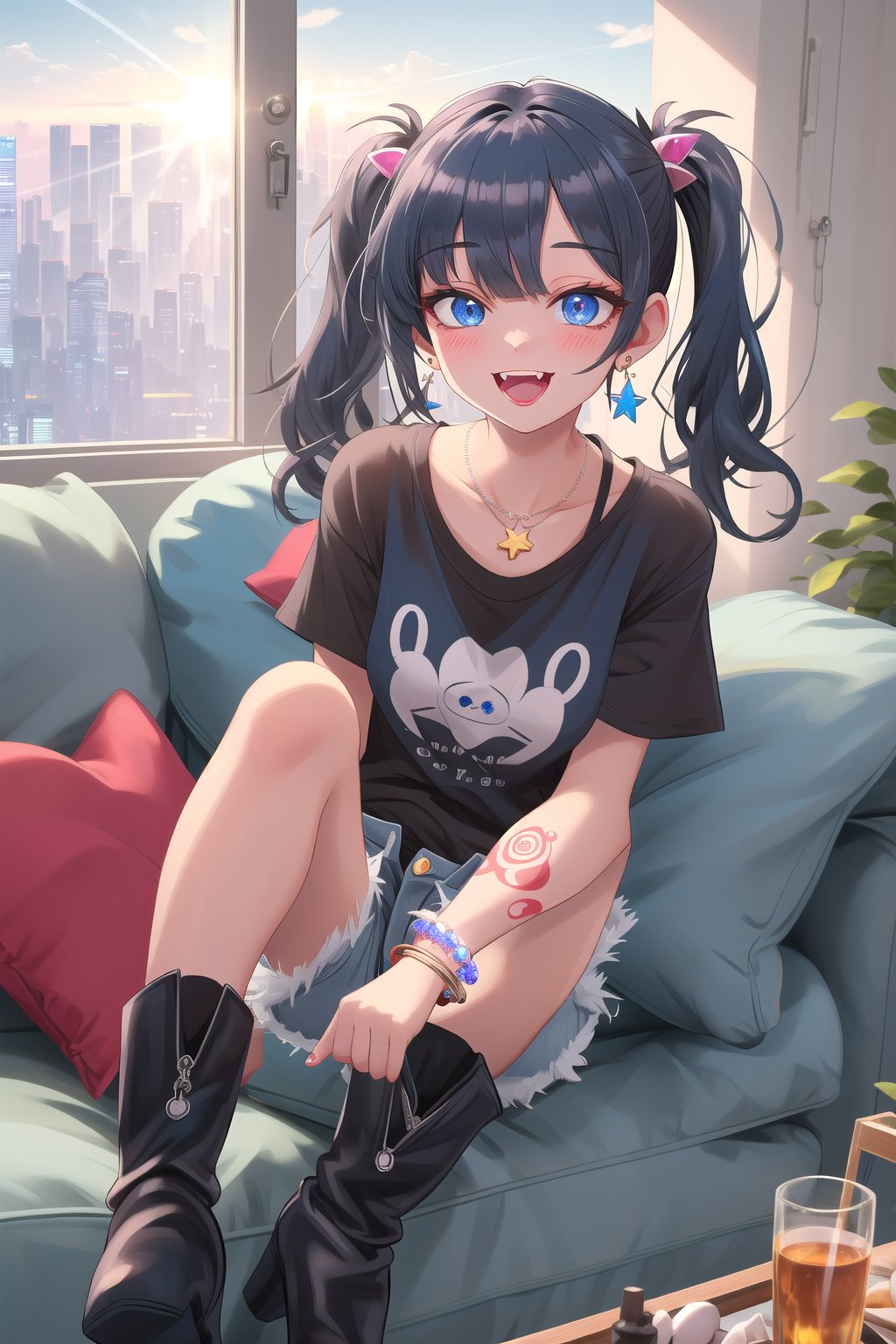  best quality, masterpiece High resolution, good detail, bright colors, HDR, 4K. Dolby vision high, perfect eyes

Girl with long straight black hair, long twin pigtails, navy blue eyes (hair covering one eye), blushing, blue earrings, navy blue bracelet on her wrist, tattoos all over her body, necklace with a sapphire 

A black short sleeve t-shirt with a blue star on the t-shirt 

Navy blue denim shorts 

Sheer black stockings



Inside a futuristic cyberpunk style house 
Black British style boots


Sunrise

Intense sun rays coming through the window 

Elegant navy blue sofa 


Selfie 

Flirty smile (yandere smile). Happy, excited. open mouth 

Showing fangs, exposed fangs

Sitting