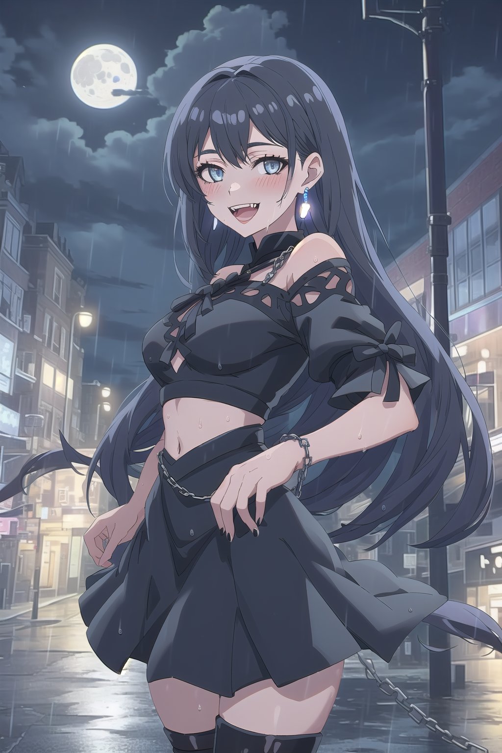 nier anime style illustration, best quality, masterpiece High resolution, good detail, bright colors, HDR, 4K. Dolby vision high. 

Girl with long straight black hair, blue eyes (hair on shoulders), blushing, blue earrings 

Short black gothic blouse 

medium breasts

Showing navel, exposed navel

Short black gothic skirt with chains

black socks

Elegant black boots 

Flirty smile (yandere smile). Happy, excited. Open mouth

Showing fangs, exposed fangs 

Selfie pose

black sky at night  

waning moon 

Inside the streets of London 

Street wet from recent rain