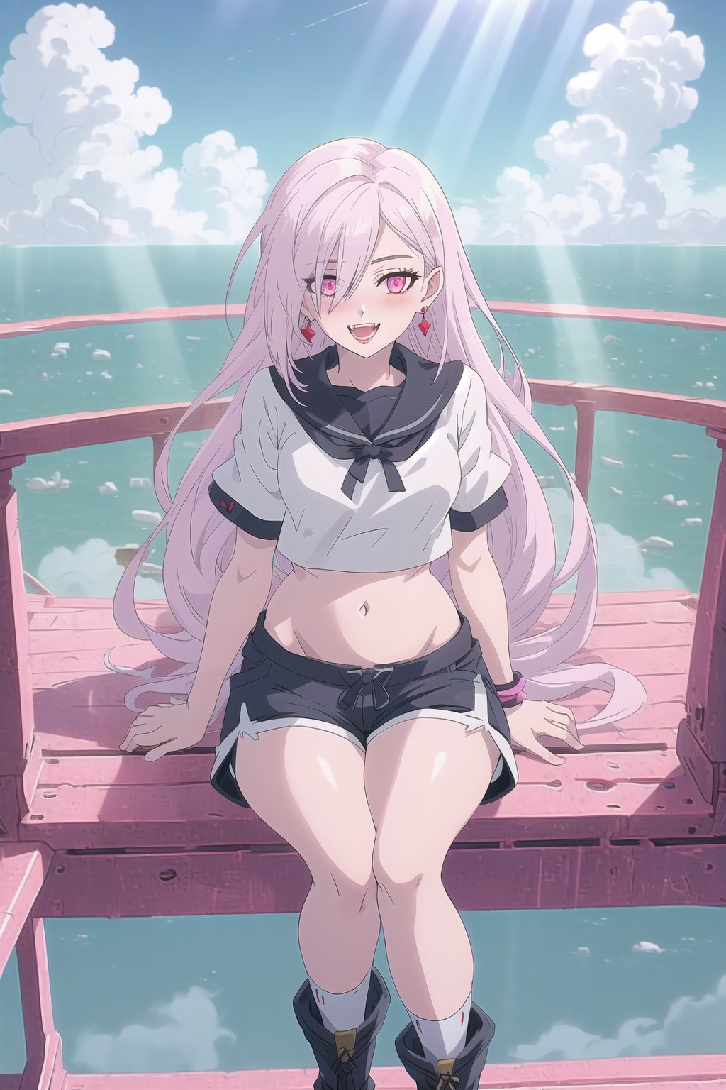 nier anime style illustration, best quality, masterpiece High resolution, good detail, bright colors, HDR, 4K. Dolby vision high. 

Albino girl with long straight hair, pink eyes (hair covering one eye), blushing, pink earrings  

Cyberpunk style elegant white crop top 

Showing navel, exposed navel 

White cyberpunk style shorts

White socks

Elegant white cyberpunk ankle boots 

clear blue sky 

Inside an island that floated in the sky above the clouds 

fantasy style island with a beautiful kingdom 

Intense sun rays    

Flirty smile (yandere smile). Happy, excited. Open mouth 

Showing fangs, exposed fangs 

Selfie 

Sitting on a bridge