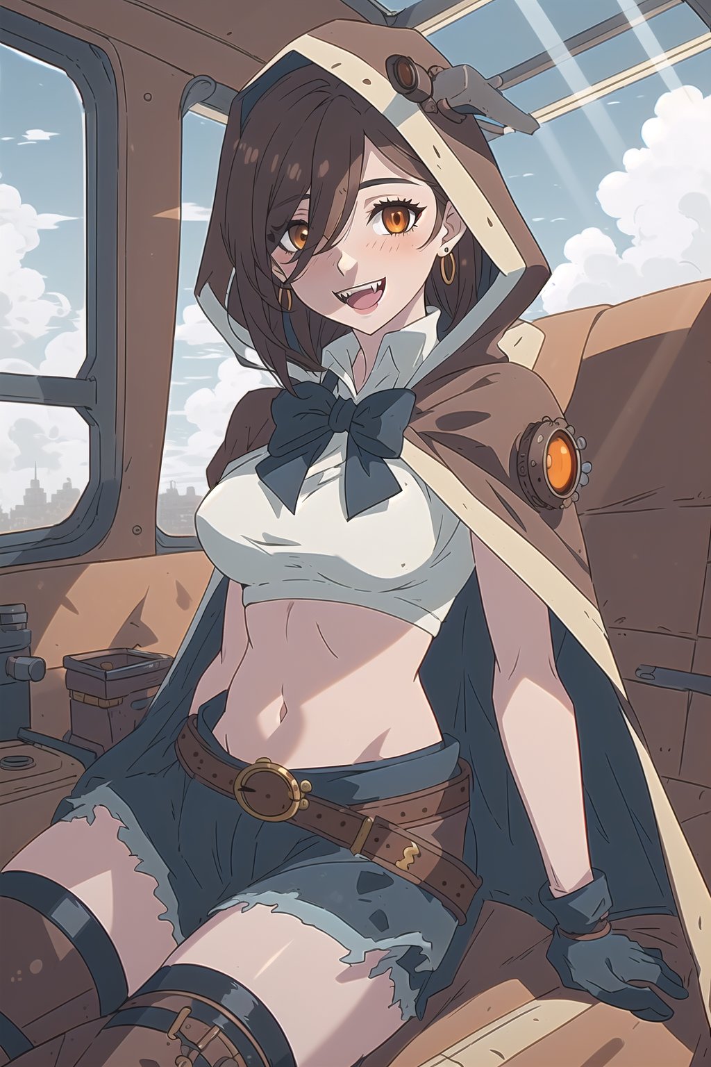 nier anime style illustration, best quality, masterpiece High resolution, good detail, bright colors, HDR, 4K. Dolby vision high, perfect eyes

Girl with long, straight dark brown hair (hair on shoulders) (hair covering one eye), brown eyes, blushing, orange earrings 

Elegant white steampunk style crop top 

Showing navel, exposed navel

black bow 

small breasts  

Steampunk dark brown shorts  

British style steampunk black boots  

Dark brown cape

dog hood 

Hooded 
dog hood

Selfie


Flirty smile (yandere smile). Happy, excited. Open mouth 

Showing fangs, exposed fangs 

Inside an airship that is in the sky 

blue sky with clouds 

Intense sun rays on the window

Sitting

Dark brown steampunk gloves