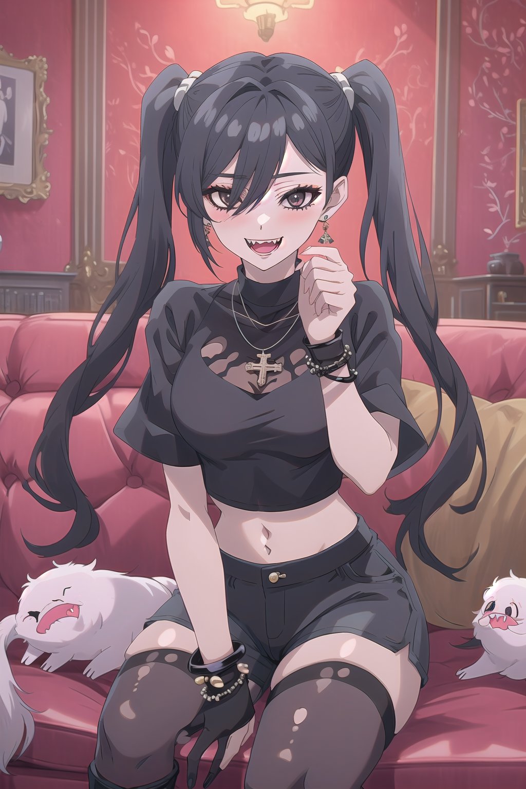 nier anime style illustration, best quality, masterpiece High resolution, good detail, bright colors, HDR, 4K. Dolby vision high.

Girl with long straight black hair, long twin pigtails, (hair covering one eye), black eyes, blushing, black cross-shaped earrings, black necklace, black bracelets on both wrists

Black crop top

small breasts  

Showing navel, exposed navel 

Black shorts 

Sheer black stockings 

Elegant punk style black boots 

Inside an elegant house with red walls and gothic retros on the wall 

Dark red sofa

Sitting

Flirty smile (yandere smile). Happy, excited. Open mouth 

Showing fangs, exposed fangs 

Selfie
