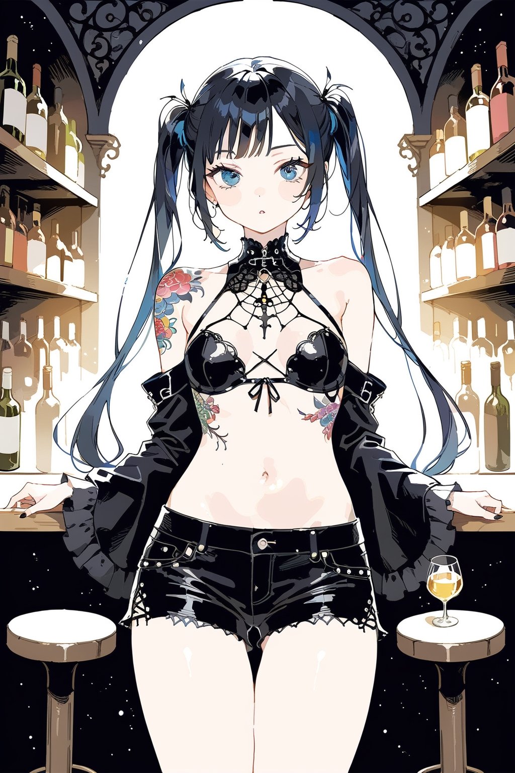 
Girl with long black hair, blue eyes, twin pigtails, with small tattoos, black shoulderless gothic style blouse, showing her navel, medium breasts, black shorts, in a bar Colorful and detailed image, masterpiece, best quality, aesthetic,


