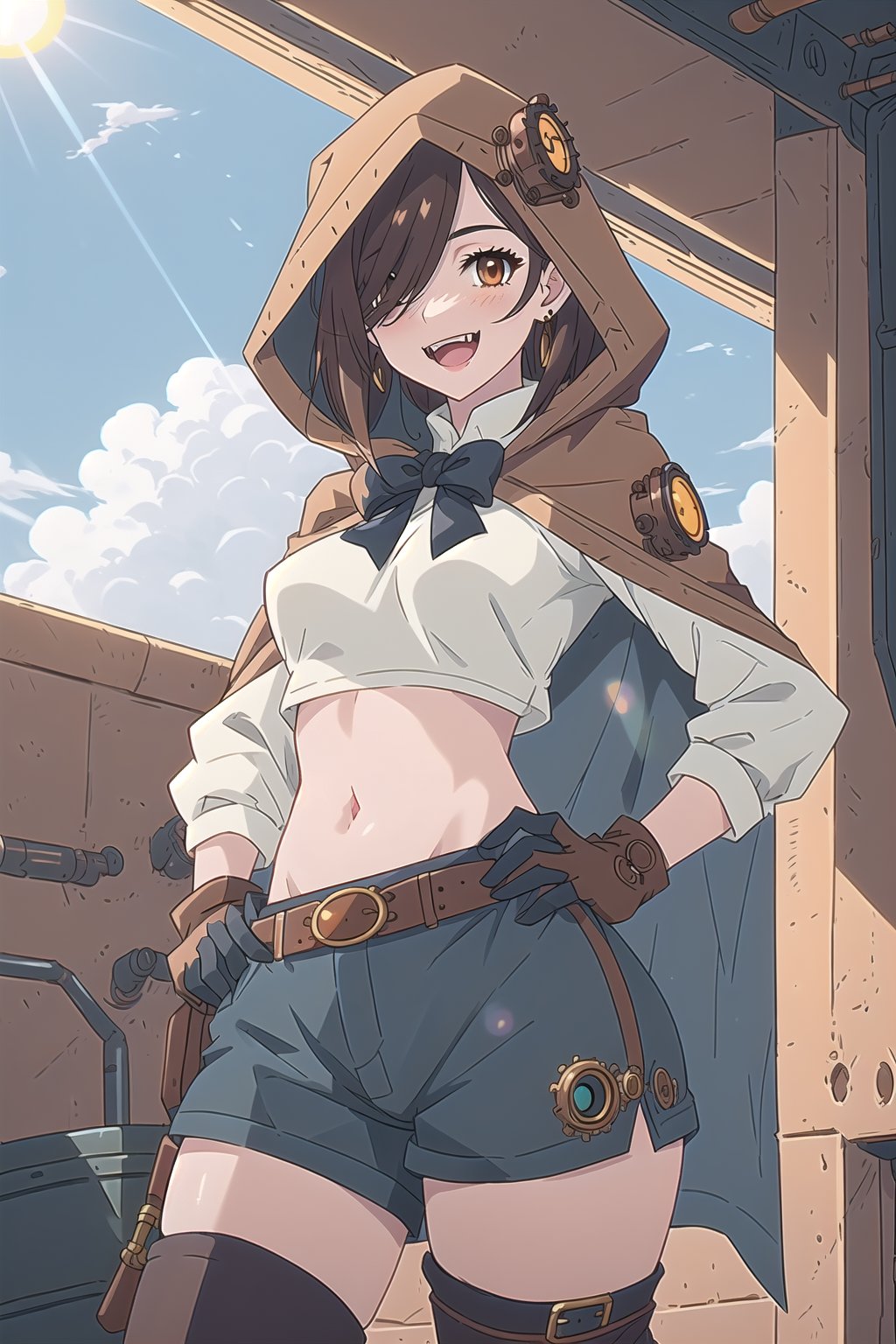 nier anime style illustration, best quality, masterpiece High resolution, good detail, bright colors, HDR, 4K. Dolby vision high, perfect eyes

Girl with long, straight dark brown hair (hair on shoulders) (hair covering one eye), brown eyes, blushing, orange earrings 

Elegant white steampunk style crop top 

Showing navel, exposed navel

black bow 

small breasts  

Steampunk dark brown shorts  

British style steampunk black boots  

Dark brown cape

dog hood 

Hooded 


Selfie

Flirty smile (yandere smile). Happy, excited. Open mouth 

Showing fangs, exposed fangs 

Inside an airship that is in the sky 

blue sky with clouds 

Intense sun rays on the window

(Hand on hip)

Dark brown steampunk gloves