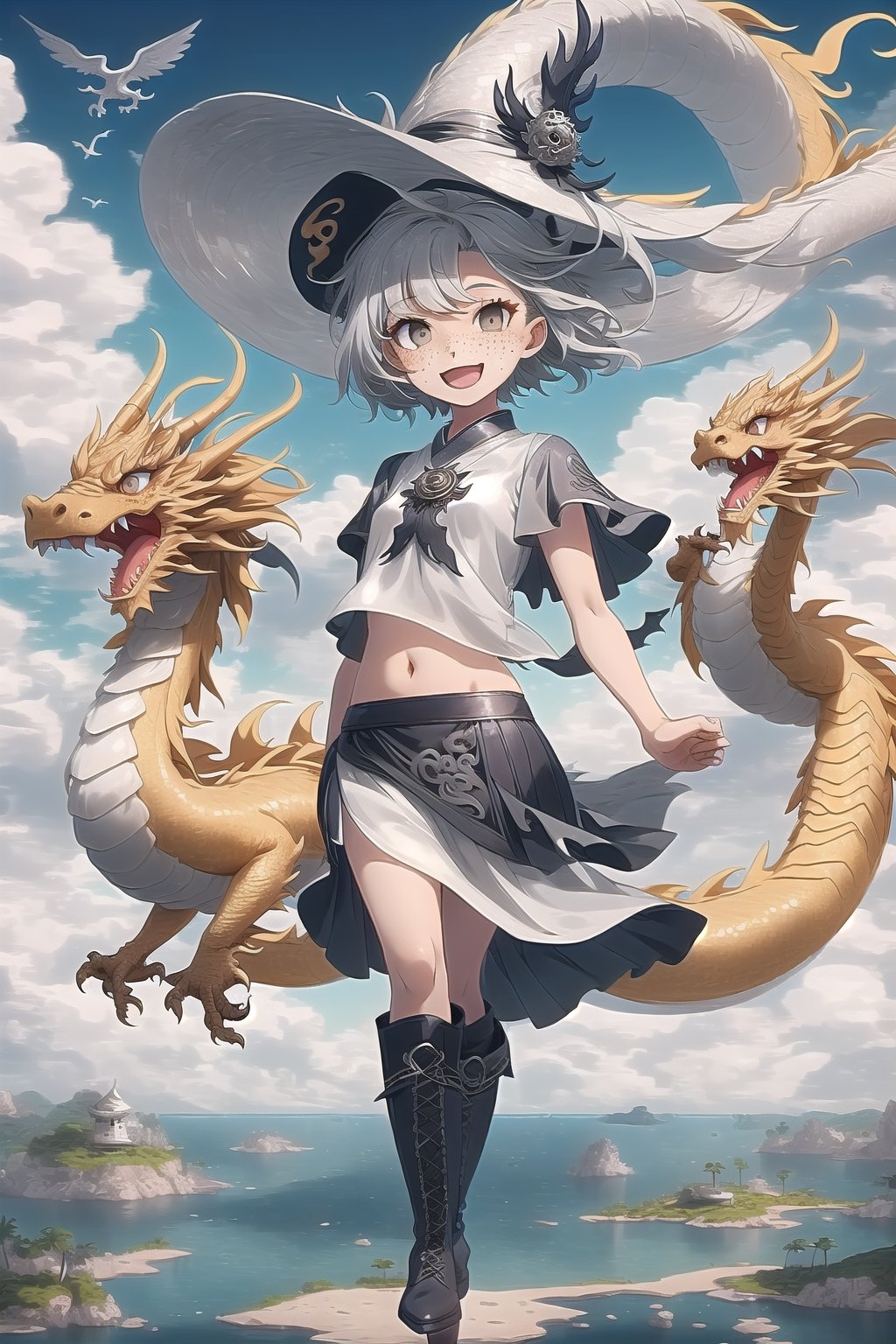  best quality, masterpiece

White Oriental Dragon Girl with short hair, white eyes, freckles. Short transparent gray blouse, revealing the navel, silver skirt, gray punk style boots. On a small island floating in the sky. It is surrounded by more islands in the sky. Sunny with wind, white witch hat, happy, excited, confident, powerful 

