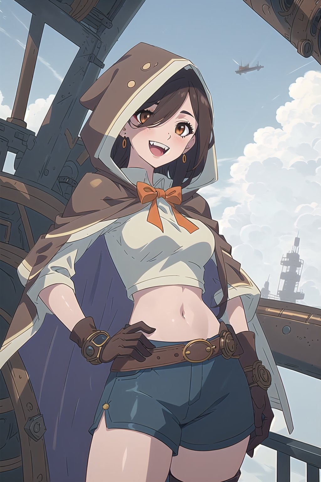 nier anime style illustration, best quality, masterpiece High resolution, good detail, bright colors, HDR, 4K. Dolby vision high, perfect eyes

Girl with long, straight dark brown hair (hair on shoulders) (hair covering one eye), brown eyes, blushing, orange earrings 

Elegant white steampunk style crop top 

Showing navel, exposed navel

black bow 

small breasts  

Steampunk dark brown shorts  

British style steampunk black boots  

Dark brown cape

dog hood 

Hooded 
dog hood

Selfie

Flirty smile (yandere smile). Happy, excited. Open mouth 

Showing fangs, exposed fangs 

Inside an airship that is in the sky 

blue sky with clouds 

Intense sun rays on the window

(Hand on hip)

Dark brown steampunk gloves