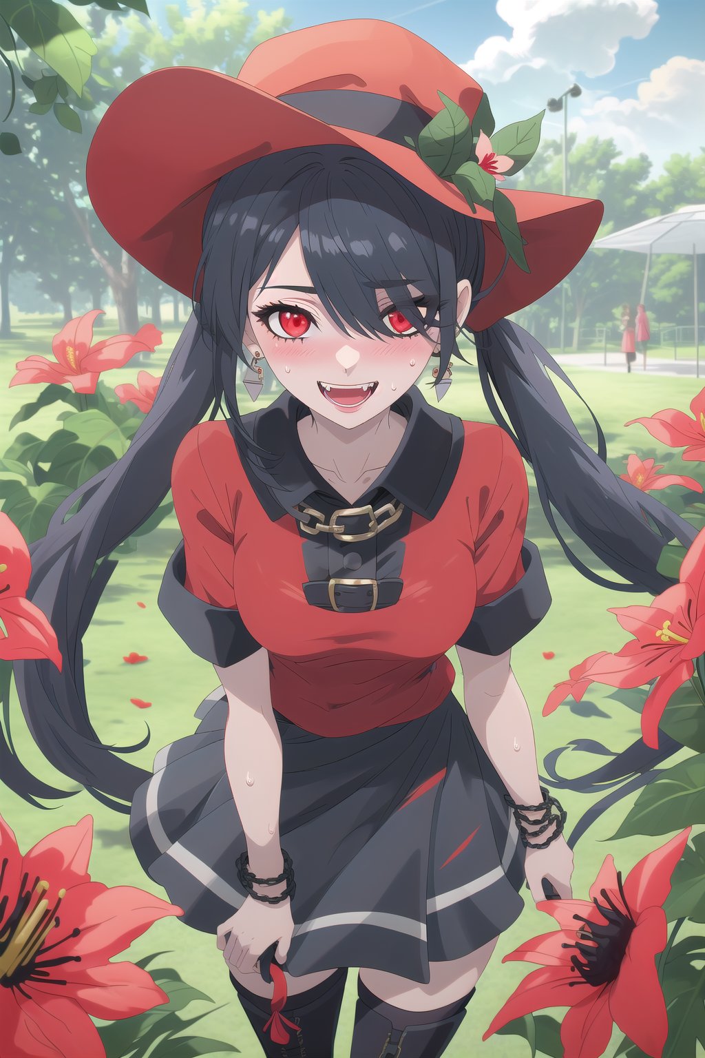 nier anime style illustration, best quality, masterpiece High resolution, good detail, bright colors, HDR, 4K. Dolby vision high. 

Girl with long straight black hair, long twin pigtails (hair covering one eye), red eyes, blushing, red earrings 

Short sleeve polo shirt (black color mixed with red color)

Gothic style black checkered skirt with chains   

black socks 

Ankle boots (black color mixed with red color)

inside a park 

She is under a leafy tree in the shade. 

Sunbeams between the trees 

clear blue sky 

Flirty smile (yandere smile). Happy, excited. Open mouth 

Showing fangs, exposed fangs  

Selfie 

Very sweaty

Fedora hat with a red flower on the buckle