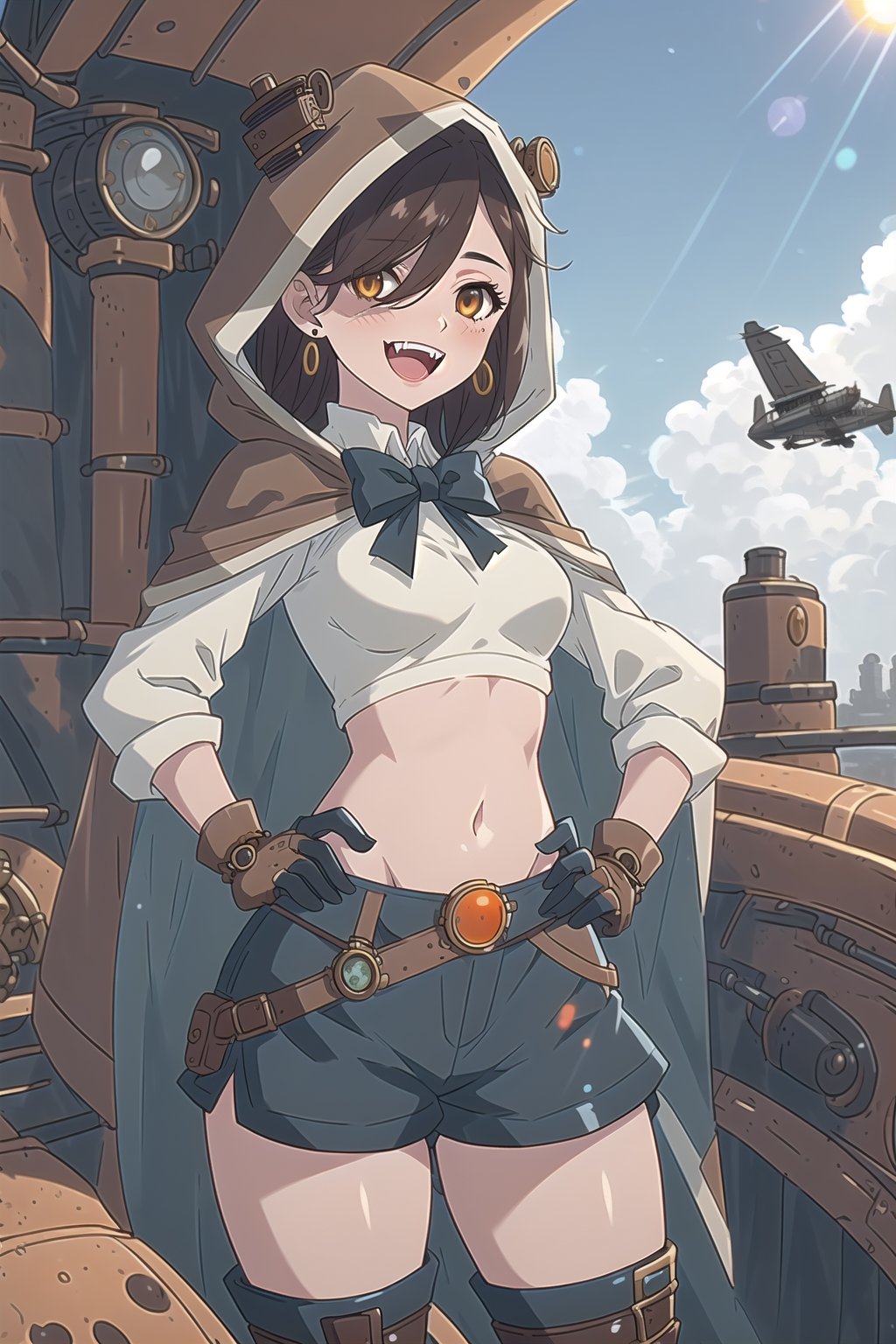 nier anime style illustration, best quality, masterpiece High resolution, good detail, bright colors, HDR, 4K. Dolby vision high, perfect eyes

Girl with long, straight dark brown hair (hair on shoulders) (hair covering one eye), brown eyes, blushing, orange earrings 

Elegant white steampunk style crop top 

Showing navel, exposed navel

black bow 

small breasts  

Steampunk dark brown shorts  

British style steampunk black boots  

Dark brown cape

dog hood 

Hooded 


Selfie

Flirty smile (yandere smile). Happy, excited. Open mouth 

Showing fangs, exposed fangs 

Inside an airship that is in the sky 

blue sky with clouds 

Intense sun rays on the window

(Hand on hip)

Dark brown steampunk gloves