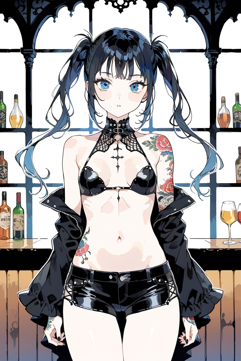 
Girl with long black hair, blue eyes, twin pigtails, with small tattoos, black shoulderless gothic style blouse, showing her navel, medium breasts, black shorts, in a bar Colorful and detailed image, masterpiece, best quality, aesthetic,


