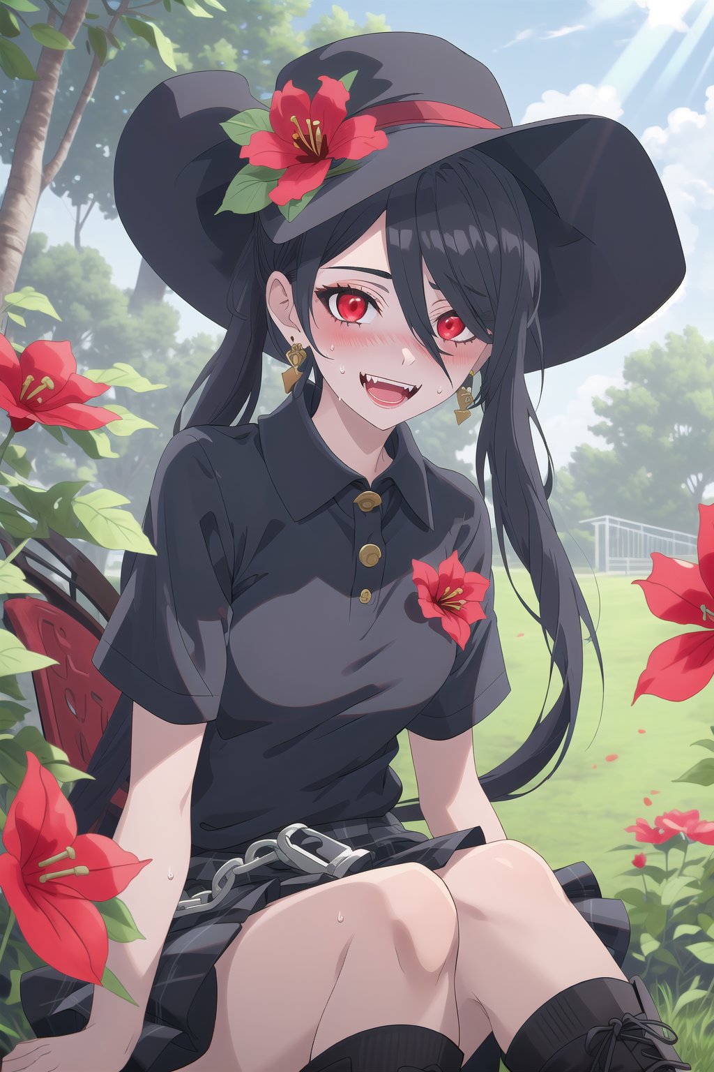 nier anime style illustration, best quality, masterpiece High resolution, good detail, bright colors, HDR, 4K. Dolby vision high. 

Girl with long straight black hair, long twin pigtails (hair covering one eye), red eyes, blushing, red earrings 

Short sleeve polo shirt (black color mixed with red color)

Gothic style black checkered skirt with chains   

black socks 

Ankle boots (black color mixed with red color)

inside a park 

She is under a leafy tree in the shade. 

Sunbeams between the trees 

clear blue sky 

Flirty smile (yandere smile). Happy, excited. Open mouth 

Showing fangs, exposed fangs  

Selfie 

Very sweaty

black Fedora hat with a red flower on the buckle

Sitting on the grass