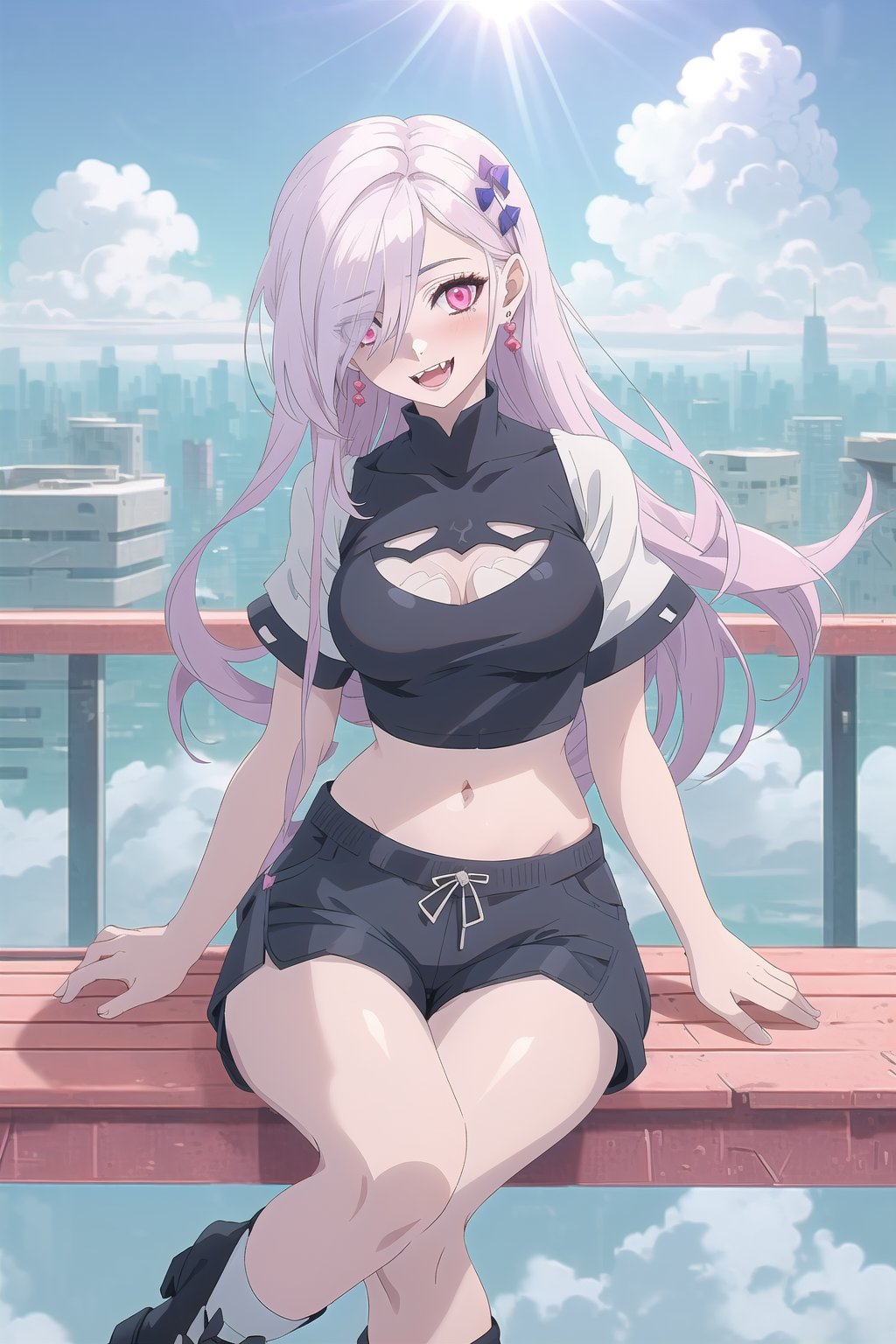 nier anime style illustration, best quality, masterpiece High resolution, good detail, bright colors, HDR, 4K. Dolby vision high. 

Albino girl with long straight hair, pink eyes (hair covering one eye), blushing, pink earrings  

Cyberpunk style elegant white crop top 

Showing navel, exposed navel 

White cyberpunk style shorts

White socks

Elegant white cyberpunk ankle boots 

clear blue sky 

Inside an island that floated in the sky above the clouds 

fantasy style island with a beautiful kingdom 

Intense sun rays    

Flirty smile (yandere smile). Happy, excited. Open mouth 

Showing fangs, exposed fangs 

Selfie 

Sitting on a bridge