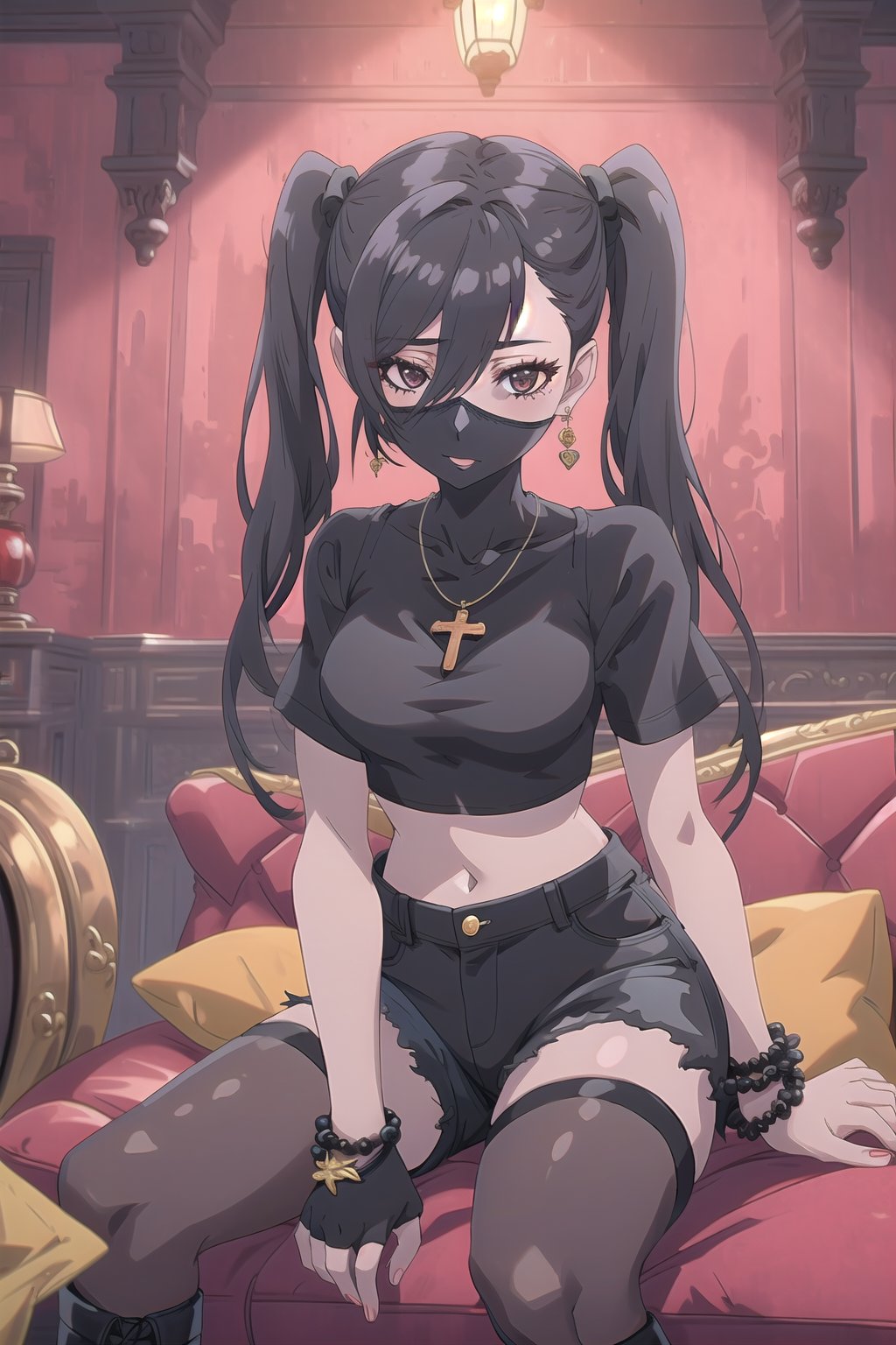 nier anime style illustration, best quality, masterpiece High resolution, good detail, bright colors, HDR, 4K. Dolby vision high.

Girl with long straight black hair, long twin pigtails, (hair covering one eye), black eyes, blushing, black cross-shaped earrings, black necklace, black bracelets on both wrists

Black crop top

small breasts  

Showing navel, exposed navel 

Black shorts 

Sheer black stockings 

Elegant punk style black boots 

Inside an elegant house with red walls and gothic retros on the wall 

Dark red sofa

Sitting





Selfie

Black face mask 

View from below