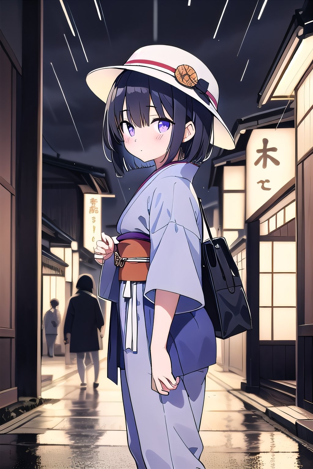 colorful image

18-year-old Japanese girl, short black hair, fringes that cover her eyes, purple eyes, wearing a gray fabric shirt and gray fabric pants. The clothing is traditional in style. On the streets of old Japan, at night, cloudy, rainy and stormy, a traditional Japanese kasa hat, a serious girl