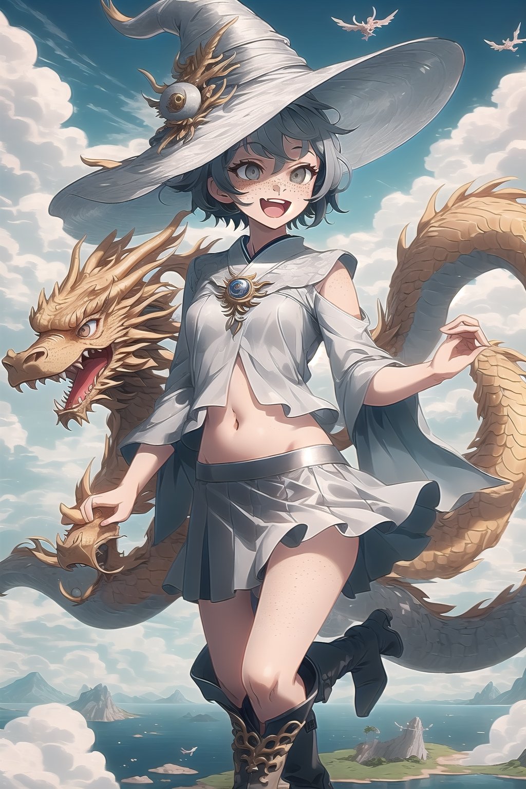  best quality, masterpiece

White Oriental Dragon Girl with short hair, white eyes, freckles. Short transparent gray blouse, revealing the navel, silver skirt, gray punk style boots. On a small island floating in the sky. It is surrounded by more islands in the sky. Sunny with wind, white witch hat, happy, excited, confident, powerful 

