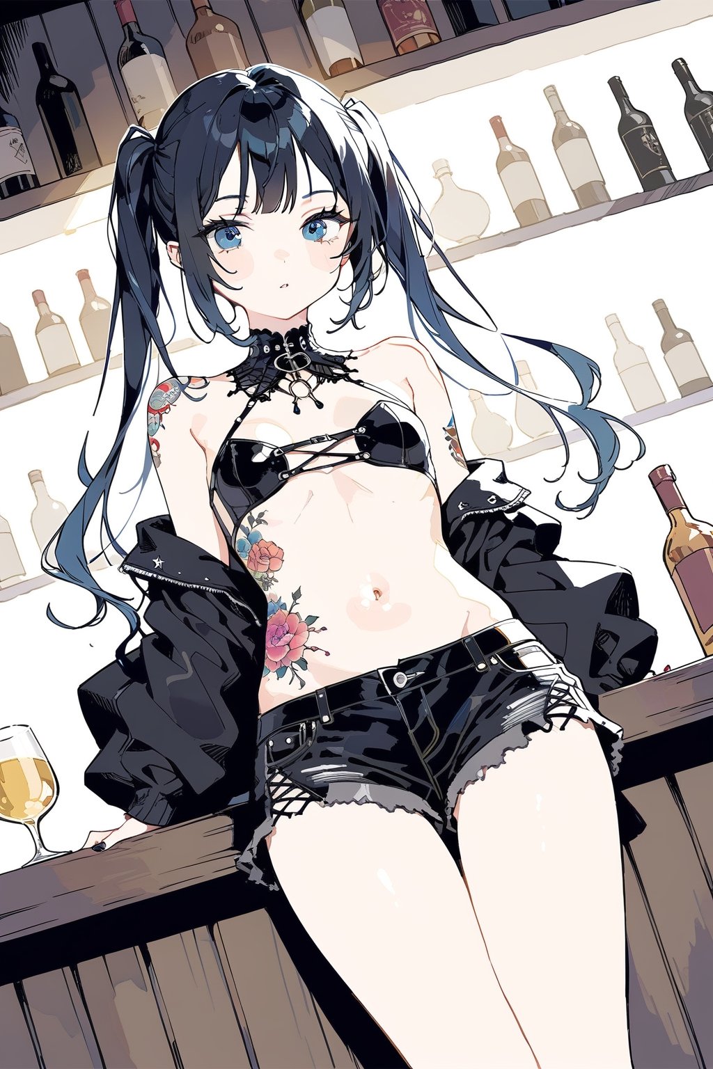 
Girl with long black hair, blue eyes, twin pigtails, with small tattoos, black shoulderless gothic style blouse, showing her navel, medium breasts, black shorts, in a bar Colorful and detailed image, masterpiece, best quality, aesthetic,


