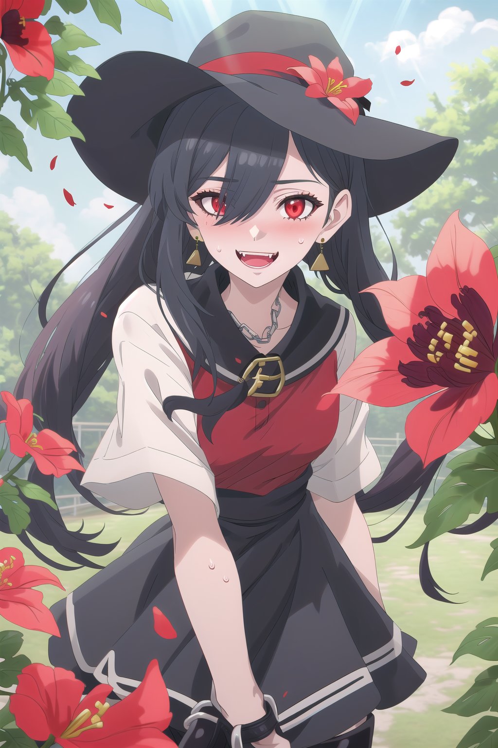 nier anime style illustration, best quality, masterpiece High resolution, good detail, bright colors, HDR, 4K. Dolby vision high. 

Girl with long straight black hair, long twin pigtails (hair covering one eye), red eyes, blushing, red earrings 

Short sleeve polo shirt (black color mixed with red color)

Gothic style black checkered skirt with chains   

black socks 

Ankle boots (black color mixed with red color)

inside a park 

She is under a leafy tree in the shade. 

Sunbeams between the trees 

clear blue sky 

Flirty smile (yandere smile). Happy, excited. Open mouth 

Showing fangs, exposed fangs  

Selfie 

Very sweaty

black Fedora hat with a red flower on the buckle