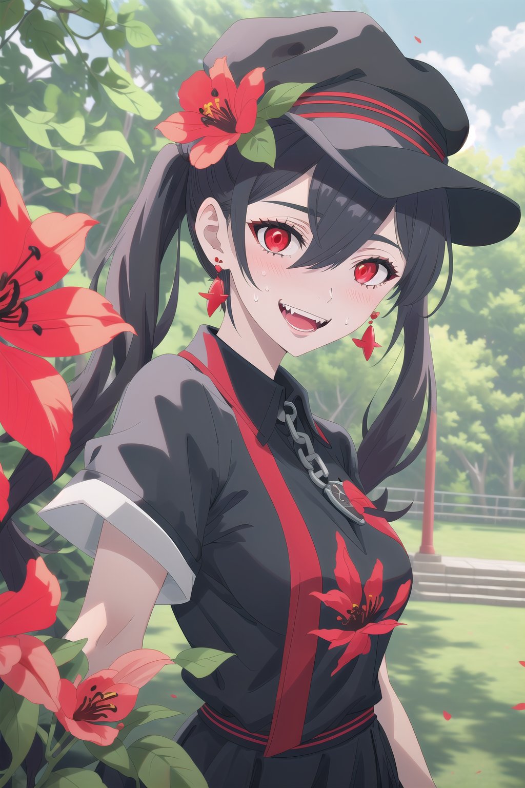 nier anime style illustration, best quality, masterpiece High resolution, good detail, bright colors, HDR, 4K. Dolby vision high. 

Girl with long straight black hair, long twin pigtails (hair covering one eye), red eyes, blushing, red earrings 

Short sleeve polo shirt (black color mixed with red color)

Gothic style black checkered skirt with chains   

black socks 

Ankle boots (black color mixed with red color)

inside a park 

She is under a leafy tree in the shade. 

Sunbeams between the trees 

clear blue sky 

Flirty smile (yandere smile). Happy, excited. Open mouth 

Showing fangs, exposed fangs  

Selfie 

Very sweaty

black Fedora hat with a red flower on the buckle