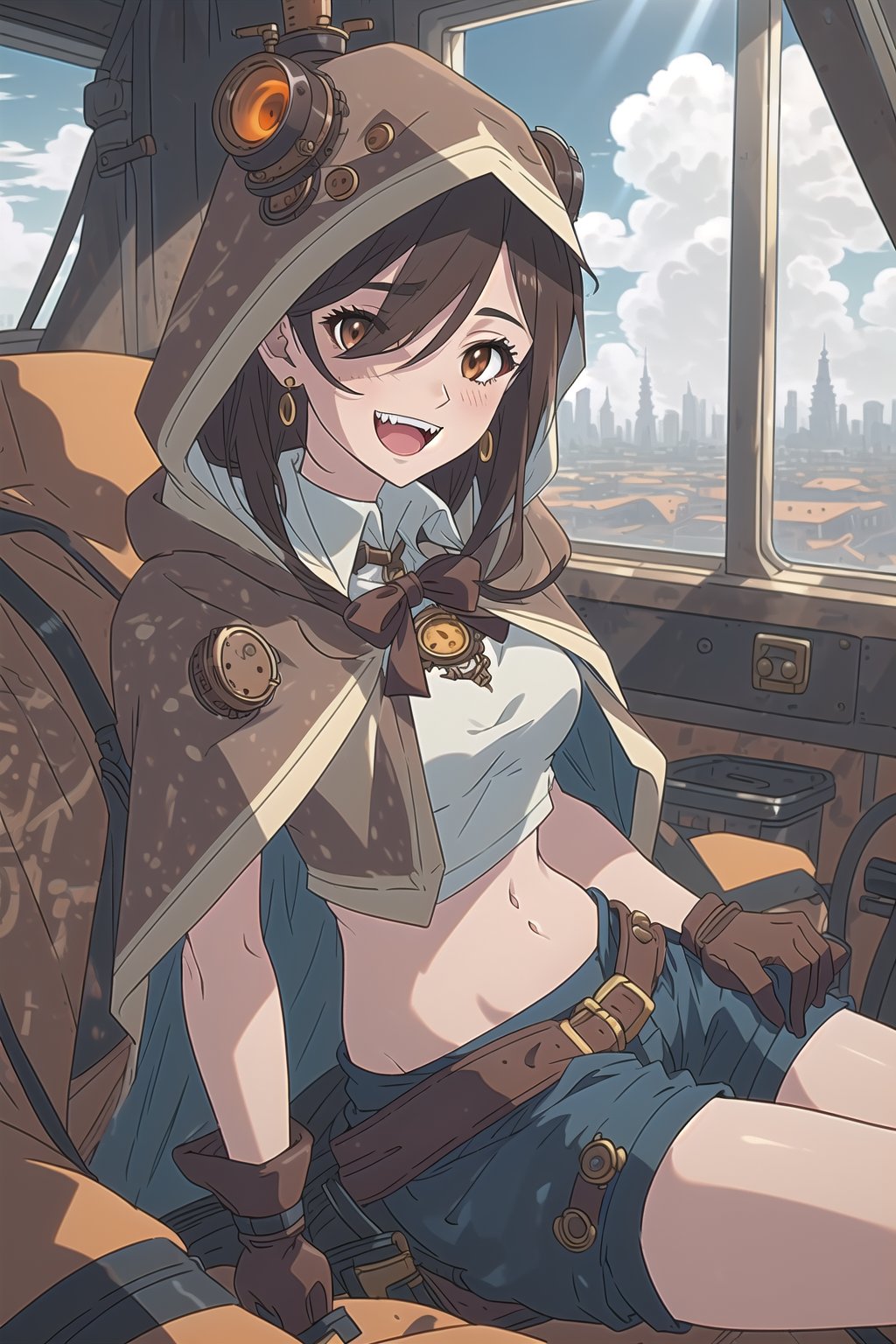 nier anime style illustration, best quality, masterpiece High resolution, good detail, bright colors, HDR, 4K. Dolby vision high, perfect eyes

Girl with long, straight dark brown hair (hair on shoulders) (hair covering one eye), brown eyes, blushing, orange earrings 

Elegant white steampunk style crop top 

Showing navel, exposed navel

black bow 

small breasts  

Steampunk dark brown shorts  

British style steampunk black boots  

Dark brown cape

dog hood 

Hooded 
dog hood

Selfie


Flirty smile (yandere smile). Happy, excited. Open mouth 

Showing fangs, exposed fangs 

Inside an airship that is in the sky 

blue sky with clouds 

Intense sun rays on the window

Sitting

Dark brown steampunk gloves