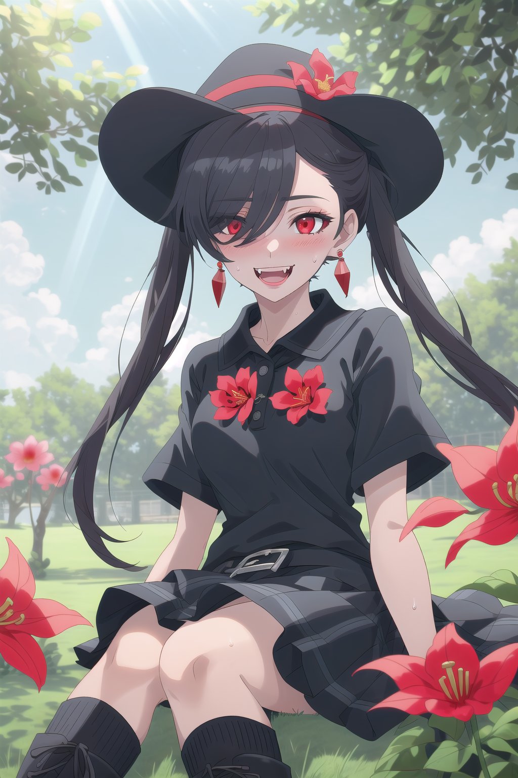 nier anime style illustration, best quality, masterpiece High resolution, good detail, bright colors, HDR, 4K. Dolby vision high. 

Girl with long straight black hair, long twin pigtails (hair covering one eye), red eyes, blushing, red earrings 

Short sleeve polo shirt (black color mixed with red color)

Gothic style black checkered skirt with chains   

black socks 

Ankle boots (black color mixed with red color)

inside a park 

She is under a leafy tree in the shade. 

Sunbeams between the trees 

clear blue sky 

Flirty smile (yandere smile). Happy, excited. Open mouth 

Showing fangs, exposed fangs  

Selfie 

Very sweaty

black Fedora hat with a red flower on the buckle

Sitting on the grass