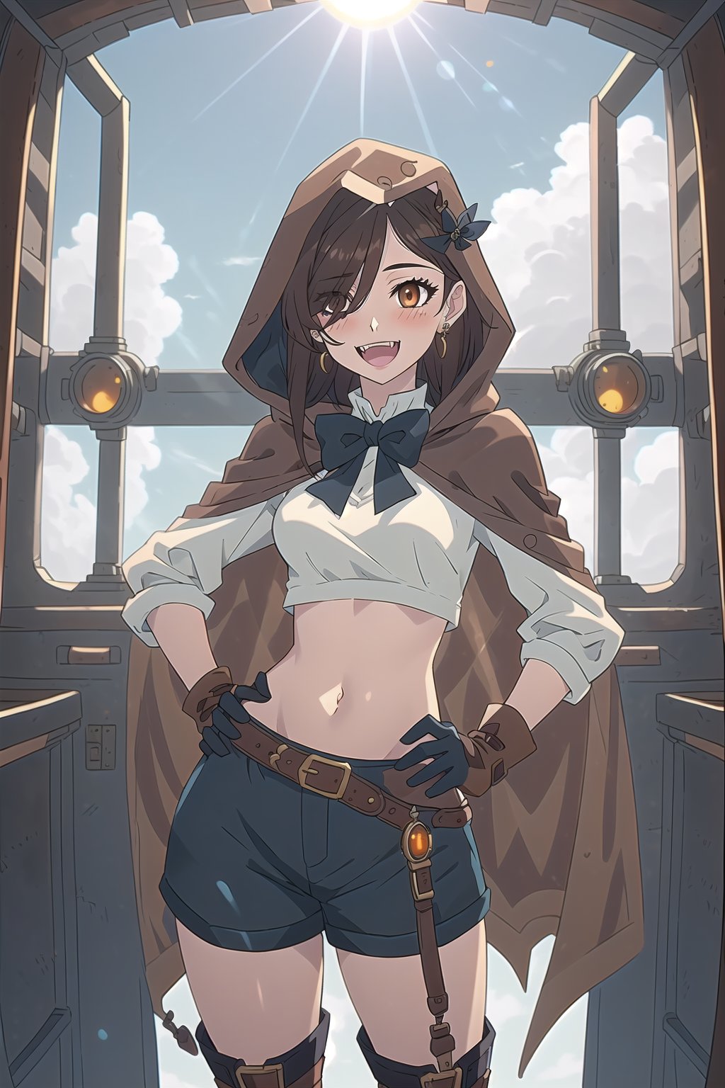 nier anime style illustration, best quality, masterpiece High resolution, good detail, bright colors, HDR, 4K. Dolby vision high, perfect eyes

Girl with long, straight dark brown hair (hair on shoulders) (hair covering one eye), brown eyes, blushing, orange earrings 

Elegant white steampunk style crop top 

Showing navel, exposed navel

black bow 

small breasts  

Steampunk dark brown shorts  

British style steampunk black boots  

Dark brown cape

dog hood 

Hooded 
dog hood

Selfie

Flirty smile (yandere smile). Happy, excited. Open mouth 

Showing fangs, exposed fangs 

Inside an airship that is in the sky 

blue sky with clouds 

Intense sun rays on the window

(Hand on hip)

Dark brown steampunk gloves