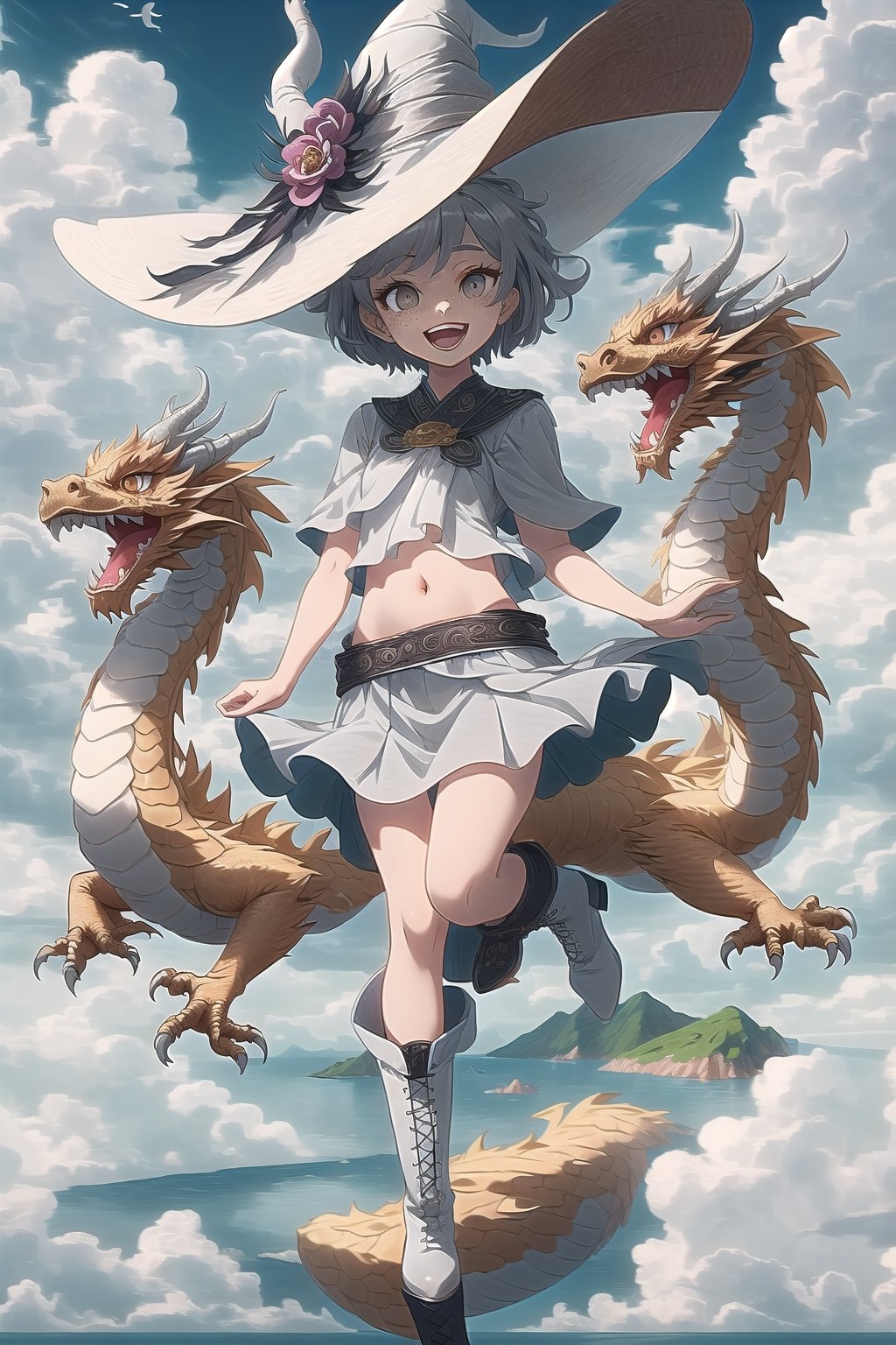  best quality, masterpiece

White Oriental Dragon Girl with short hair, white eyes, freckles. Short transparent gray blouse, revealing the navel, silver skirt, gray punk style boots. On a small island floating in the sky. It is surrounded by more islands in the sky. Sunny with wind, white witch hat, happy, excited, confident, powerful 

