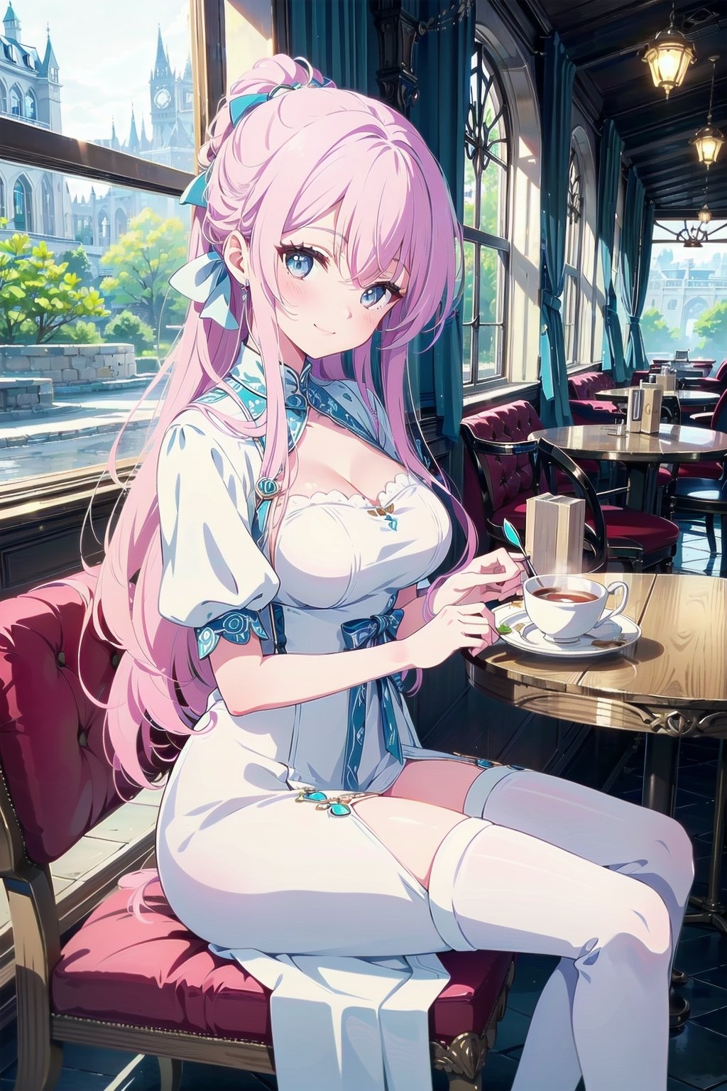 (masterpiece, best quality:1.2), 1girl, long hair, ponytail, pure pink hair, thigh_highs, cafe, sitting, looking at viewer, HDR, blue eye, highres, smile, pure white dress, girl, Blue_reason 