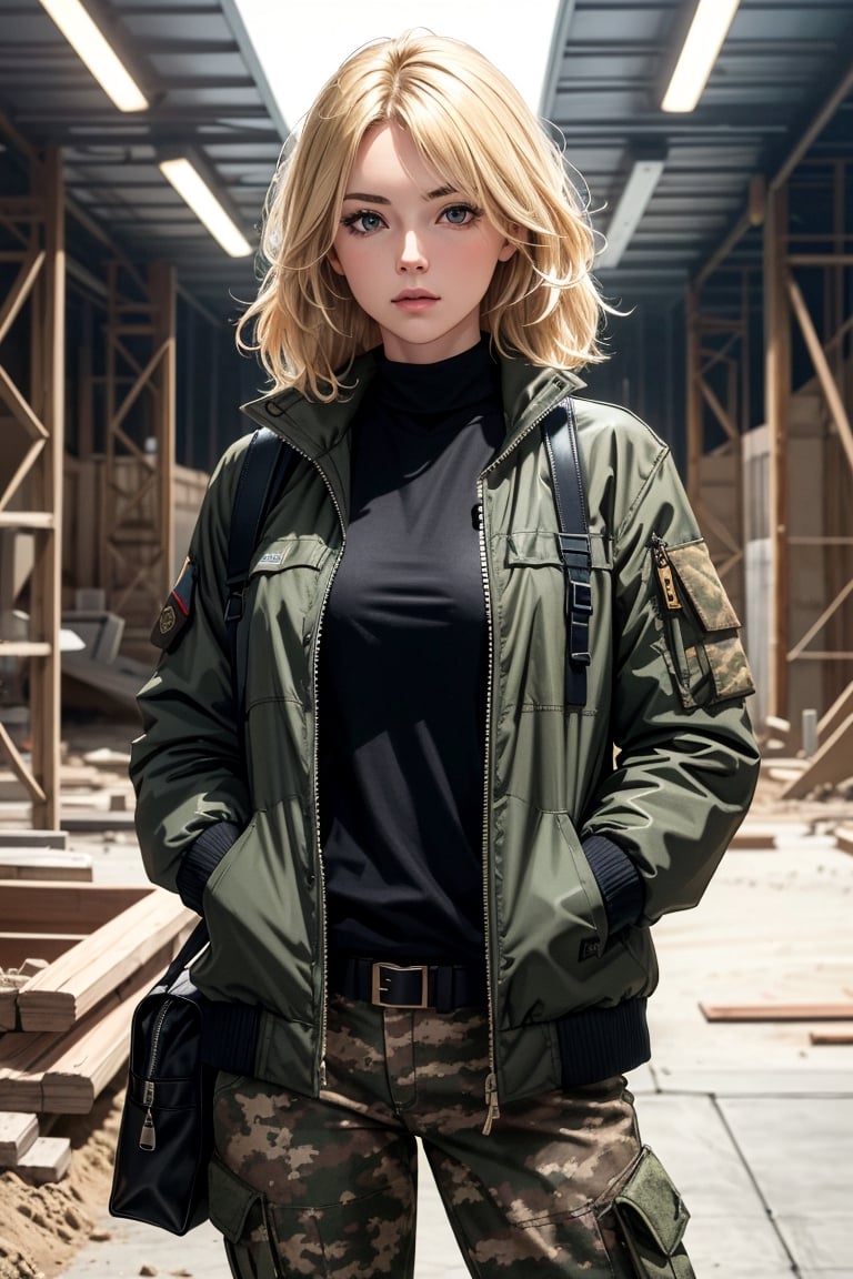 highres, masterpiece, perfect lighting, bloom, cinematic lighting, adult, female, looking at viewer, upper body, 1girl, blonde, camo pants, jacket, military jacket, hands inside pockets, in front of the viewer, bulletproof vest, magazine bags, modern construction site