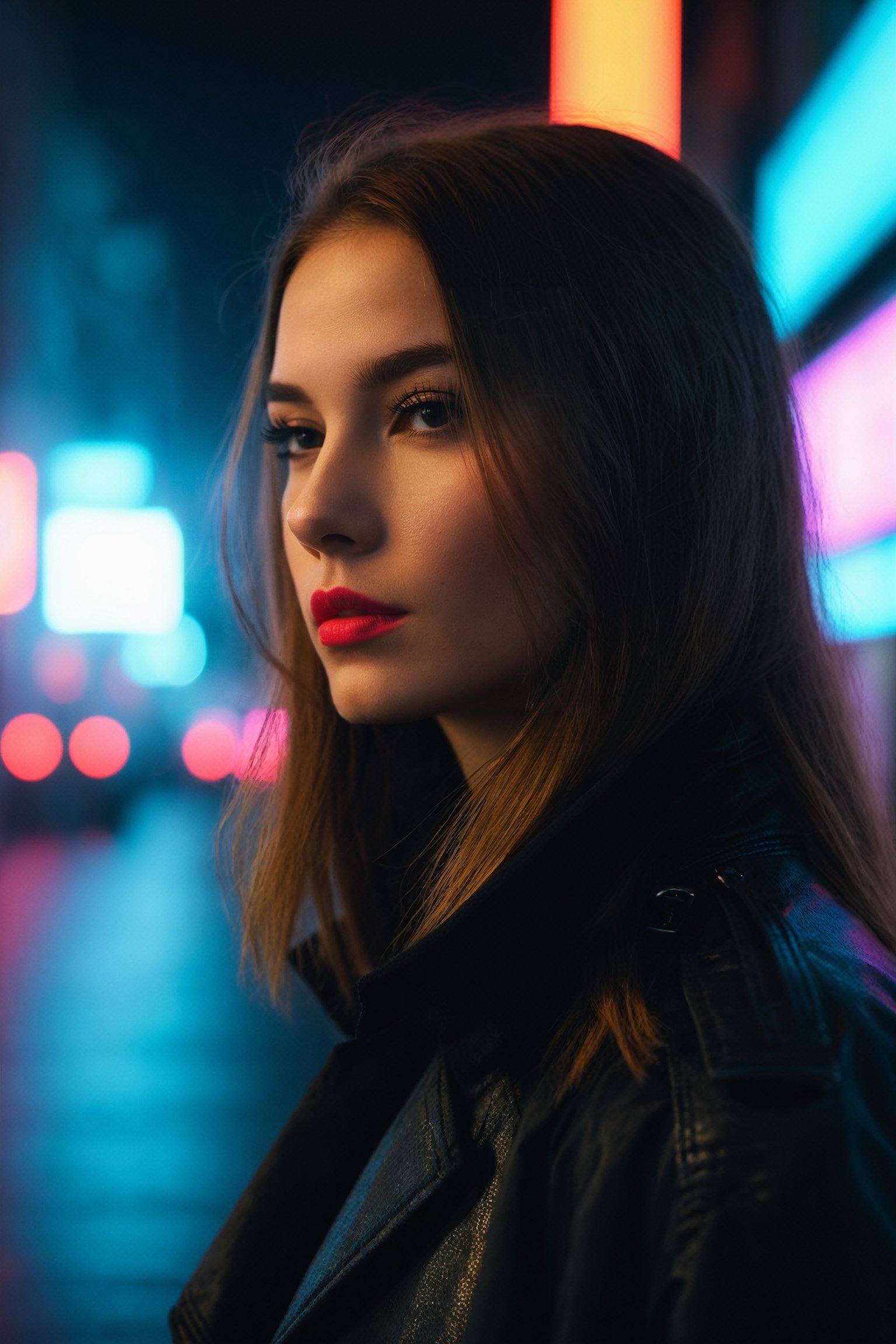 city street, neon, fog, volumetric, closeup portrait photo of young woman in dark clothes