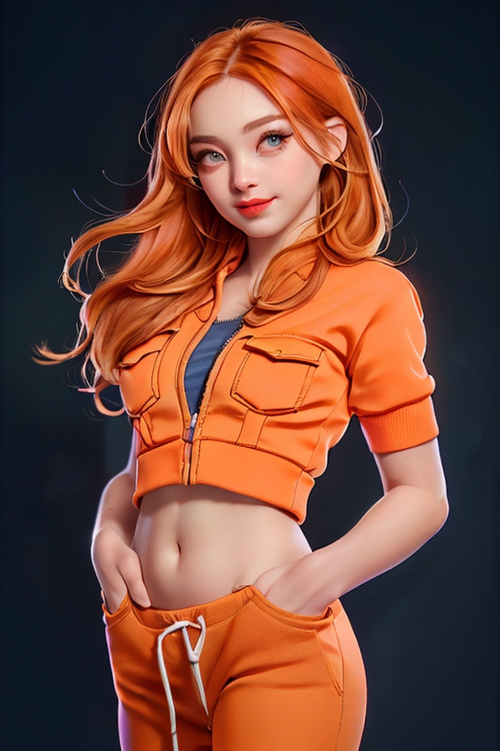 ((1 cute girl:1.5), (pretty girl), loose hair, (orange hair:1.5), beautiful eyes, symmetrical, detailed, (eyelashes:1.2), (aegyo sal makeup:1.2), bright smile, (red lips:1.3), (detailed face), (small breasts:1.3) (toned belly:1.3), (wearing top:1.5), (capri sweatpants:1.5), (hands in pockets:1.5 ), immersive background, volumetric haze, global illumination, soft lights, natural lighting, (realistic:1.5), (4k, digital art, masterpiece), high detail digital painting, lifelike, (highest quality), (soft shadows), (best character graphics), ultrahigh resolution, highly detailed digital graphics, physics-based rendering, realism with an artistic flair, vibrant colors, f2.2 lens, soft palette, natural beauty.,RedHoodWaifu,3DMM