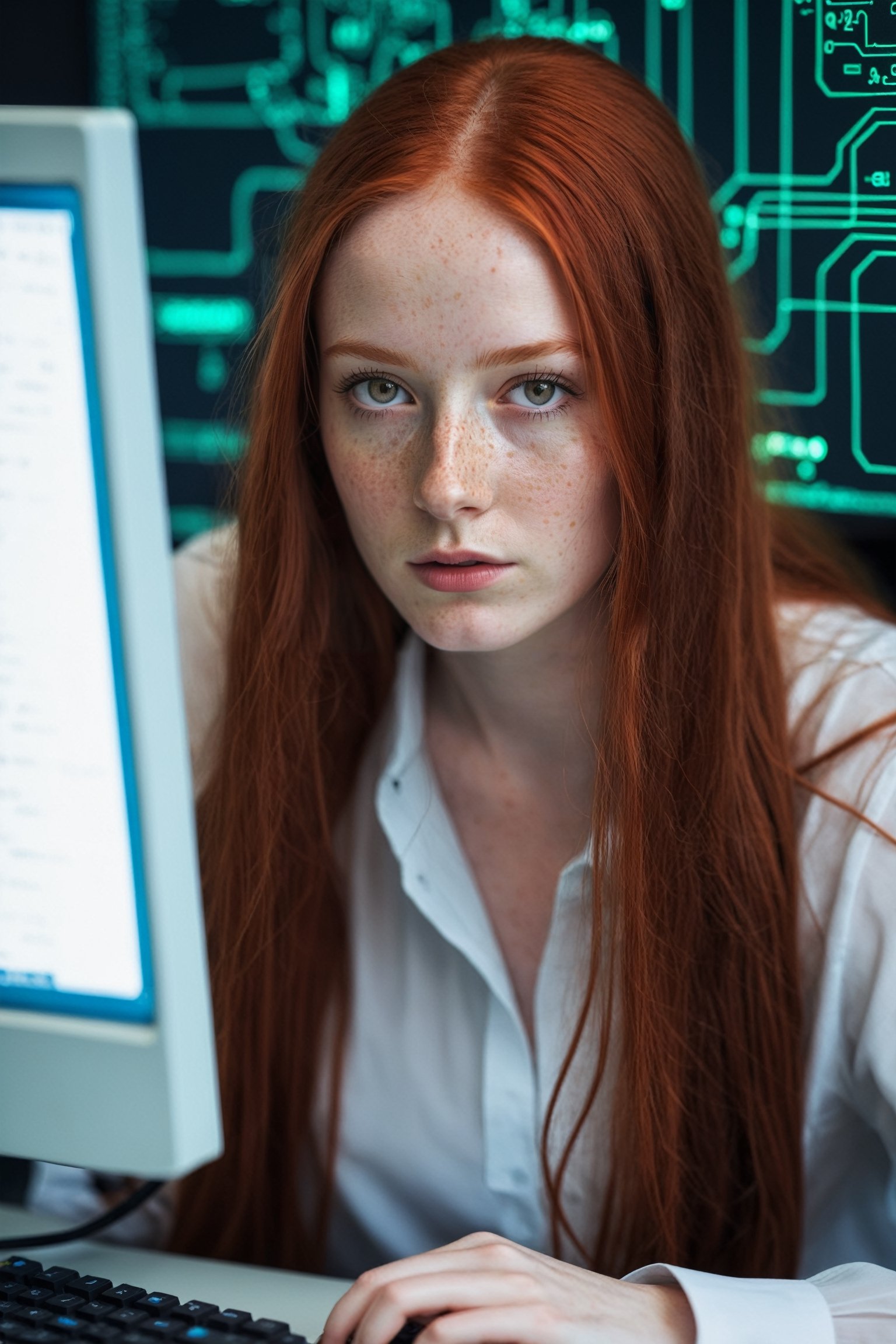 Portrait front view of a beautiful female hacker with long red hair, pale skin, freckles, big brown eyes, thin face, writing (computer code and experiments with electronics), realistic office, hyperrealistic photo, epiCRealism