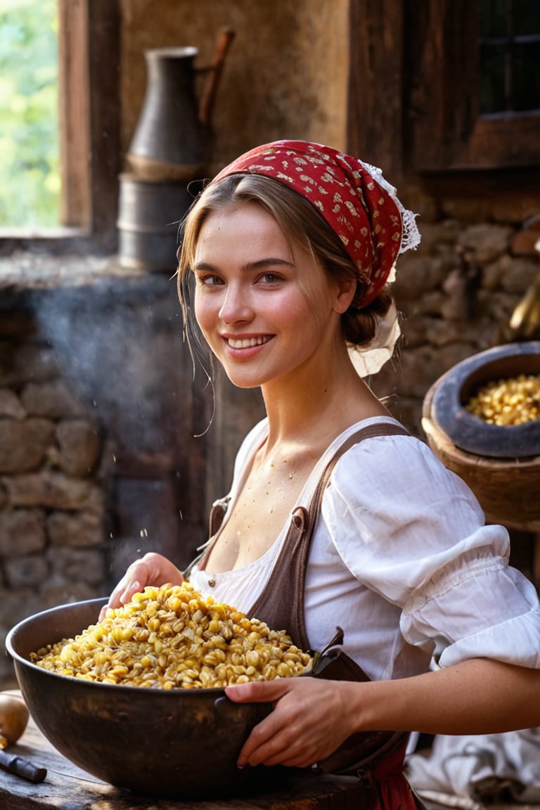 ((Best quality, 8k, 32k, masterpiece,RAW photo, (realistic, photo-realistic:1.3),best quality,highly detailed,masterpiece,ultra-detailed)), film still, close-up, 1girl, cooking, ((sweaty)), (elegantly dressed), medieval european, rural style, ((curvy)), high_quality, masterpiece, 4k, uhq,Masterpiece,village_girl, happy, amazing quality, wallpaper, analogue film grain, perfect facial skin , (hunky:1.6),(perfect anatomy, prefect hand,), 9 head body lenth, dynamic sexy pose, (artistic pose of awoman),(from_below:1.3), cinematic lighting,Extremely Realistic